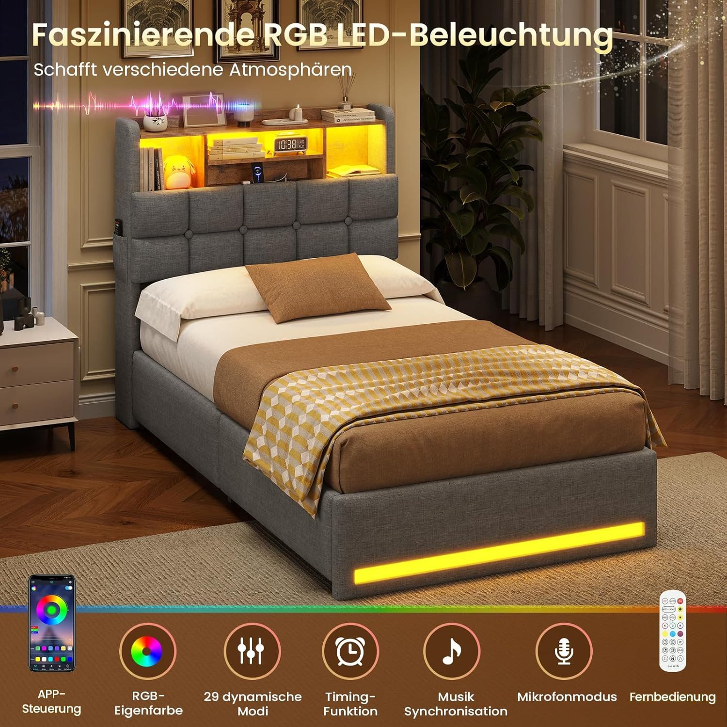 MSMASK Polsterbett Hydraulisches Stauraumbett mit LED-Bleuchtung, 90X200 cm (1-tlg., Ohne Matratze), Jugendbett mit USB- und Type-C-Anschlüsse, Leinenstoff – Bild 5 von 5