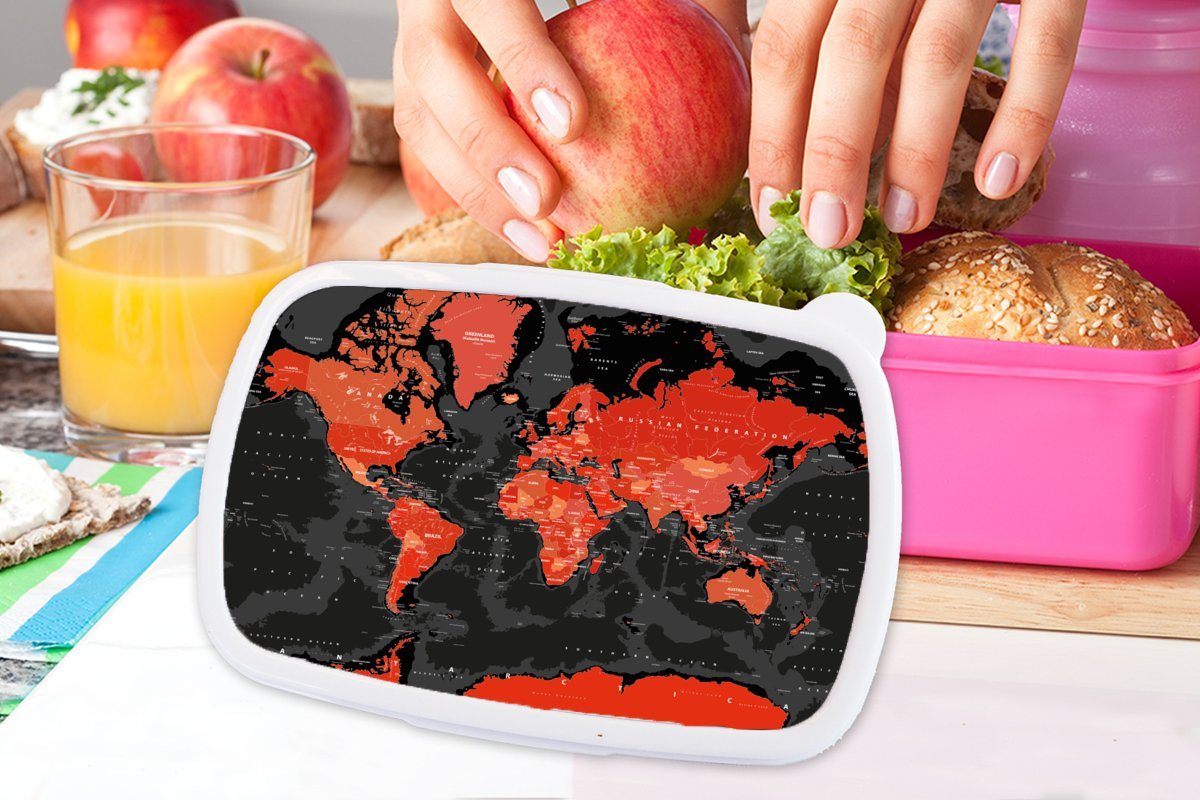 Brotdose - Lunchbox Schwarz Weltkarte - - Kunststoff, Erwachsene, - Mädchen, Mädchen, rosa MuchoWow Kind (2-tlg), Rot Brotbox - Kunststoff Snackbox, für Kinder, Kind