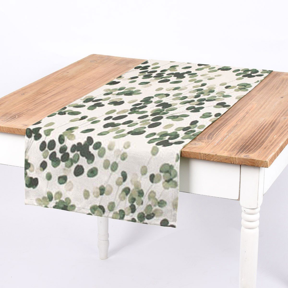 SCHÖNER LEBEN. Tischläufer SCHÖNER LEBEN. Tischläufer Digitaldruck Blätter wollweiß grün, handmade
