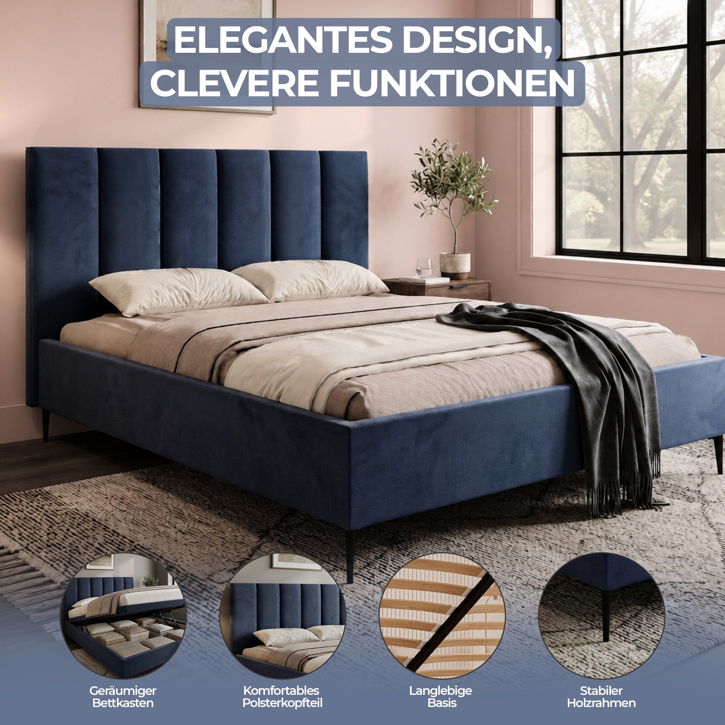 Goldstoff Polsterbett Modernes Bett "GERMAIN" mit hohem Kopfteil und integriertem Bettkasten (120–200x200 cm, Kopfteilhöhe: 90/110 cm, Seitenhöhe: 25/40 cm), Elegantes Bett mit Stauraum und wählbarer Kopfteilhöhe