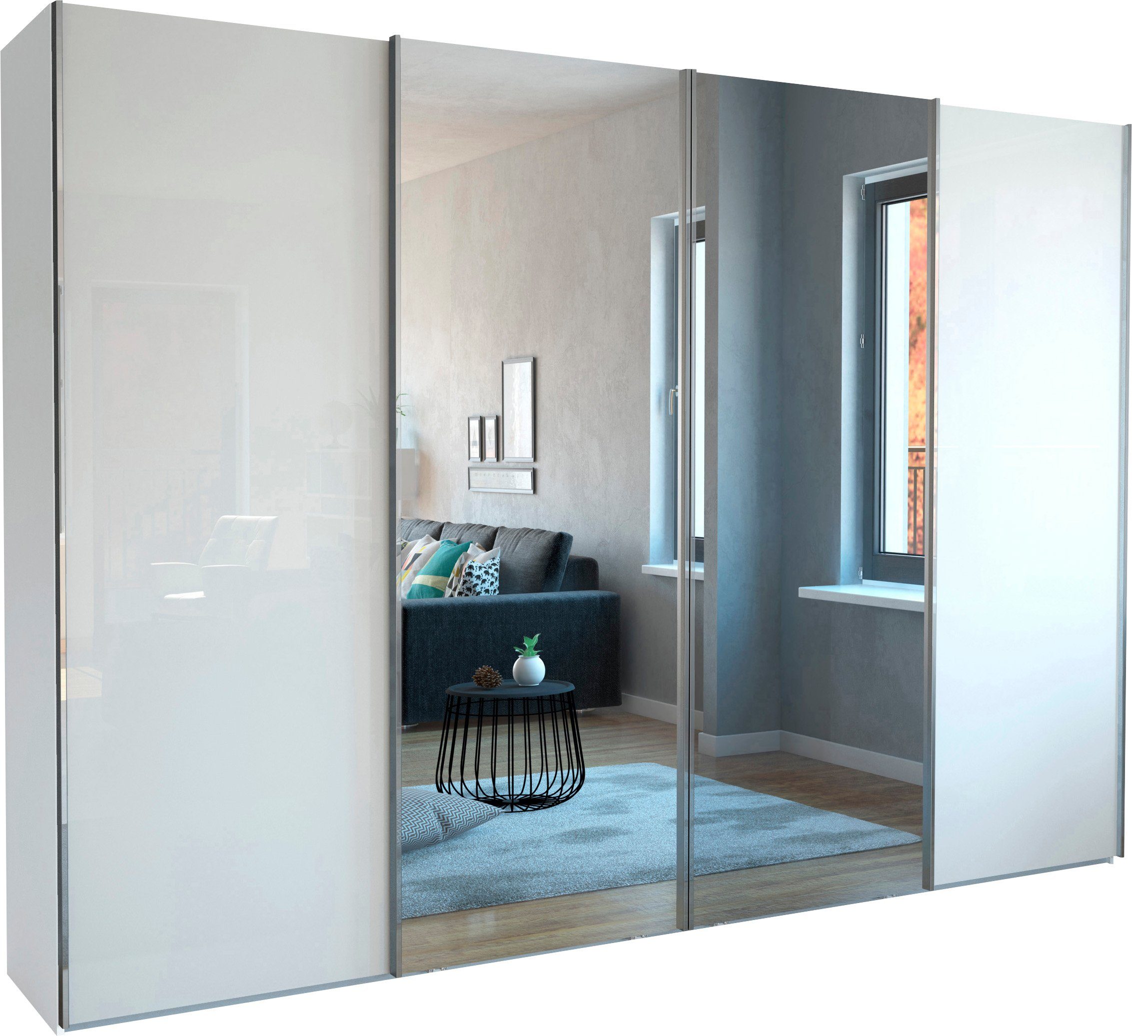 Spiegelfront hochwertige Schwebetürenschrank Monaco und Glas- WIEMANN Weiß/Glas Weiß/Kristallspiegel