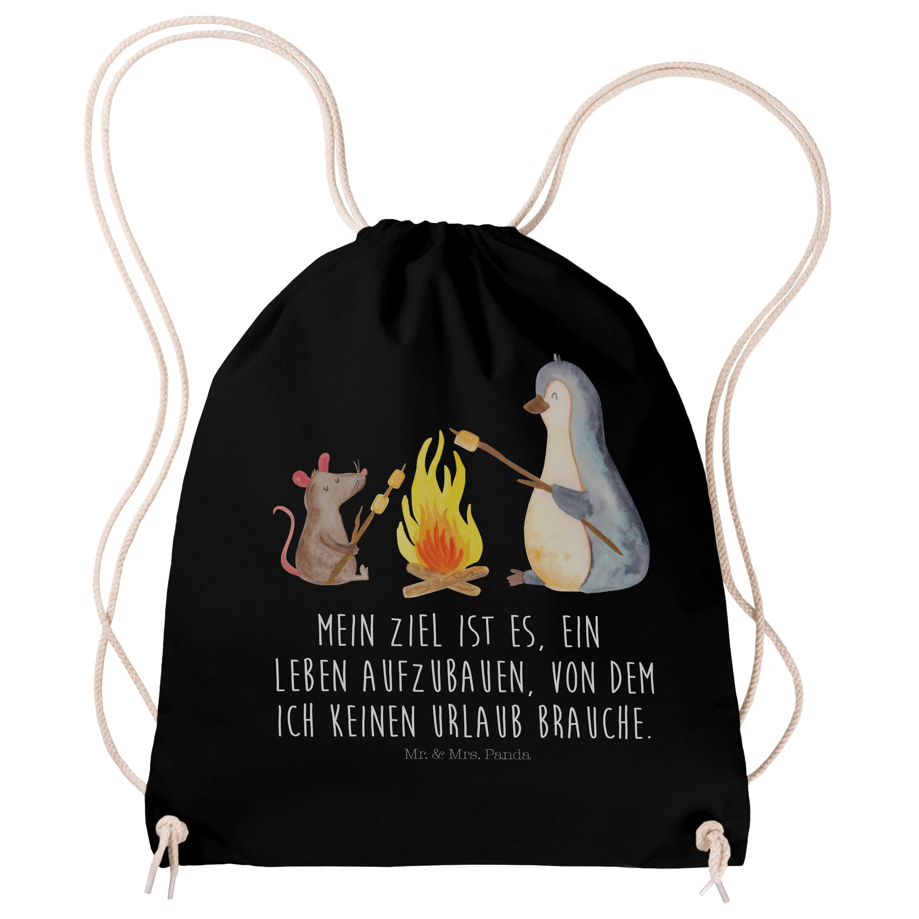 Mr. & Mrs. Panda Sporttasche Pinguin Lagerfeuer, Sportbeutel, Schwarz, Baumwolltasche, Marshmallow (Packung, 1-tlg)