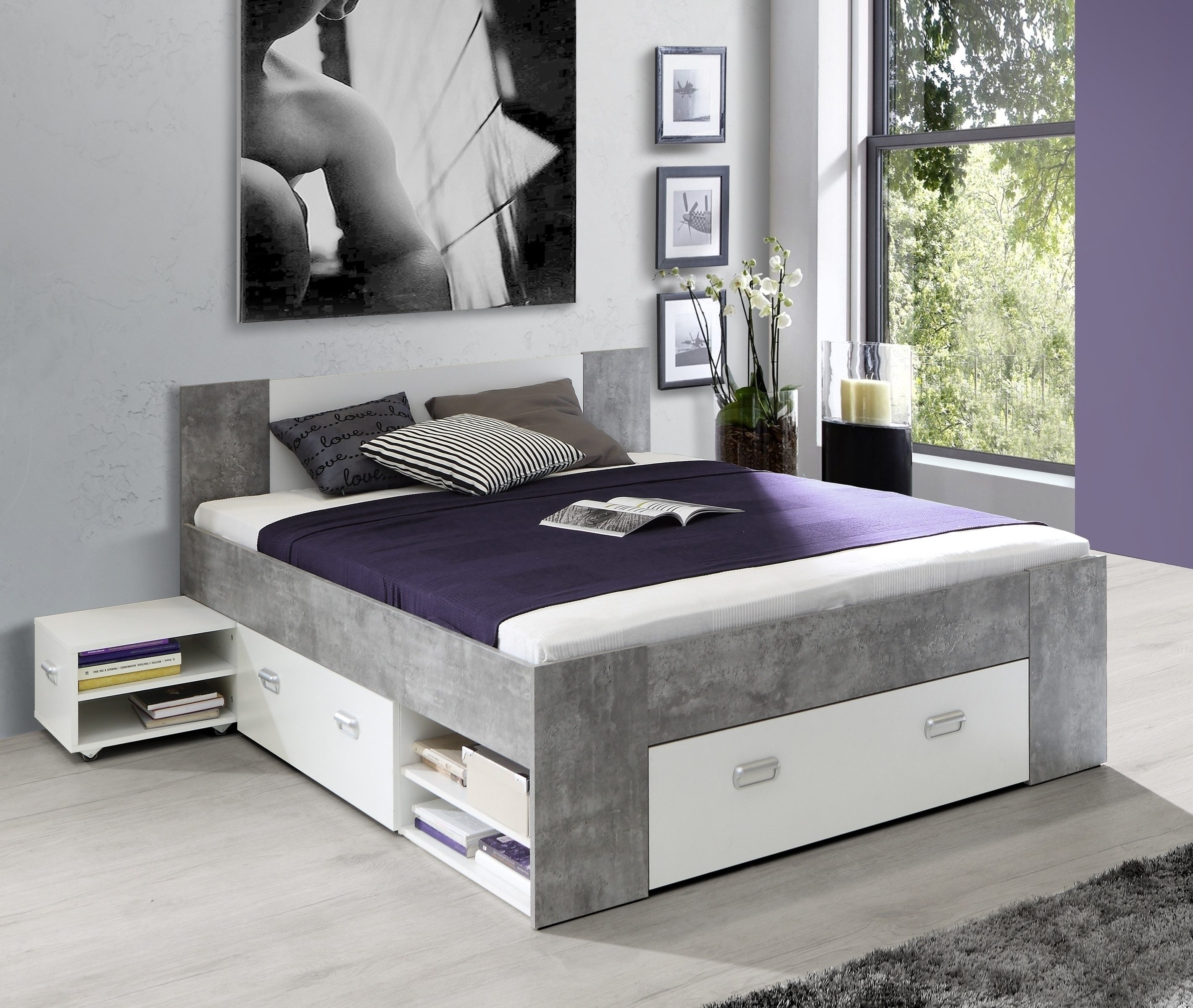 freiraum Stauraumbett Bob, in Betonoptik Lichtgrau / Weiss - 203,6x86x143,4cm (BxHxT)