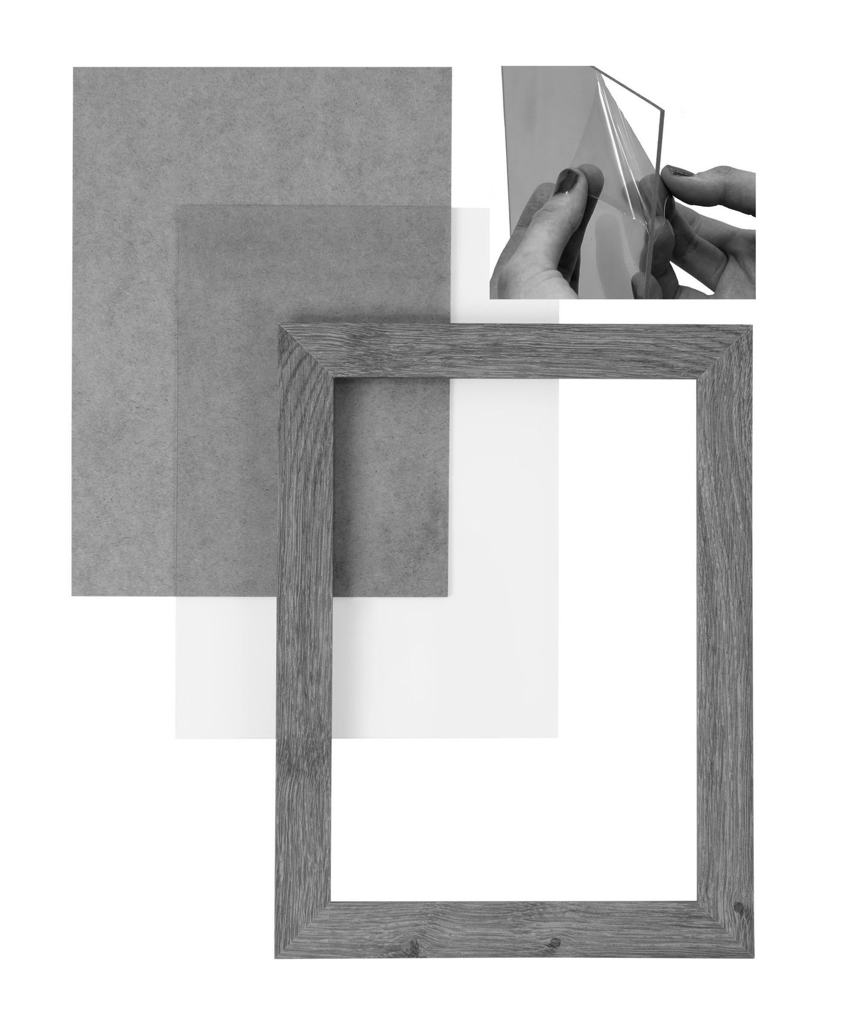 eckiger Acrylglas, Holz FSC® Rahmen und Clamaro gebürstet nach Moderner handgefertigt Bilderrahmen silber Bilderrahmen CLAMARO 46x60 'Collage' in Aufhänger Rückwand Maß MDF inkl.