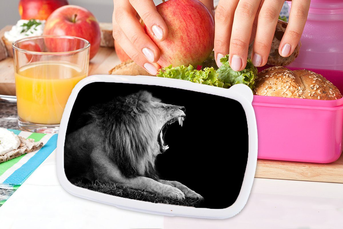 - für Weiß Snackbox, Brotbox - (2-tlg), Brotdose Erwachsene, Mädchen, Kunststoff, Schwarz rosa Lunchbox Kunststoff Tier, - Kinder, Löwe MuchoWow