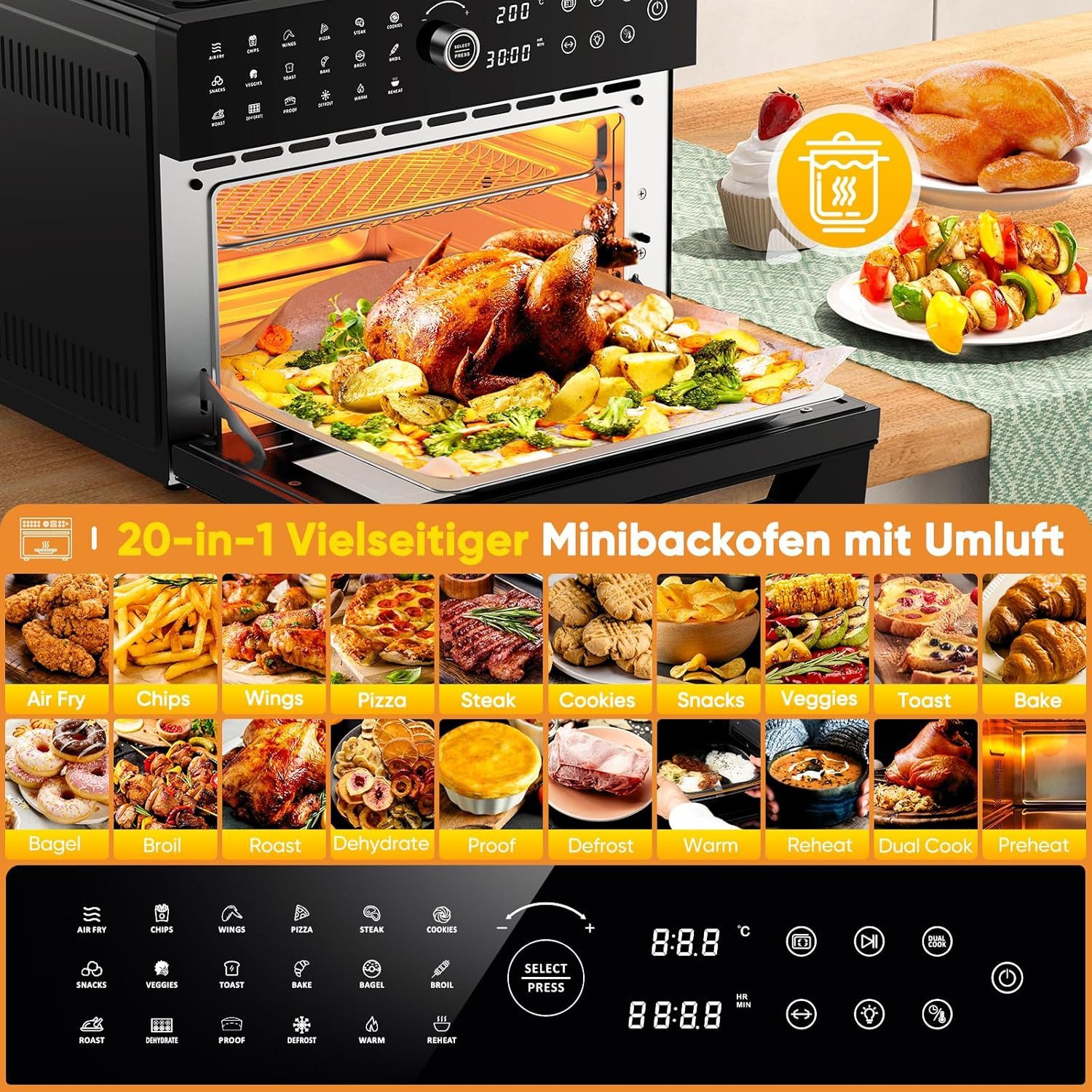 Azmsary Minibackofen 30L XXL-Heißluftfritteuse mit Touchscreen, 1800W & 20 Programmen, LED-Smarttouch, 30L Dual-Kochsystem, 7 Profi-Zubehör. – Bild 4 von 5
