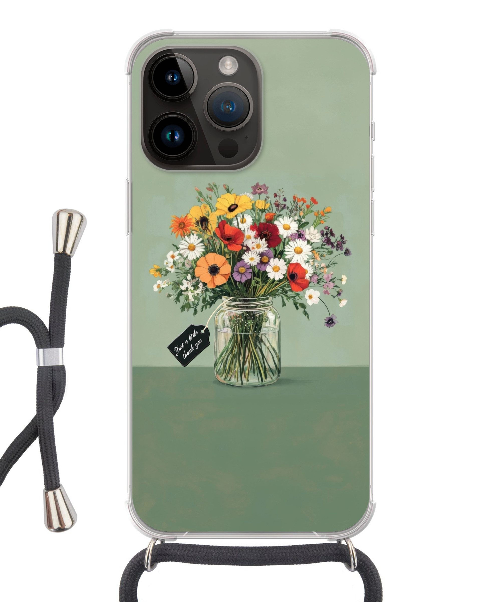 MuchoWow Handyhülle für Apple iPhone 14 Pro Blumen - Vase - Karte, Tragbare Handyhüllen mit Kette zum umhängen, Handykette Handyband