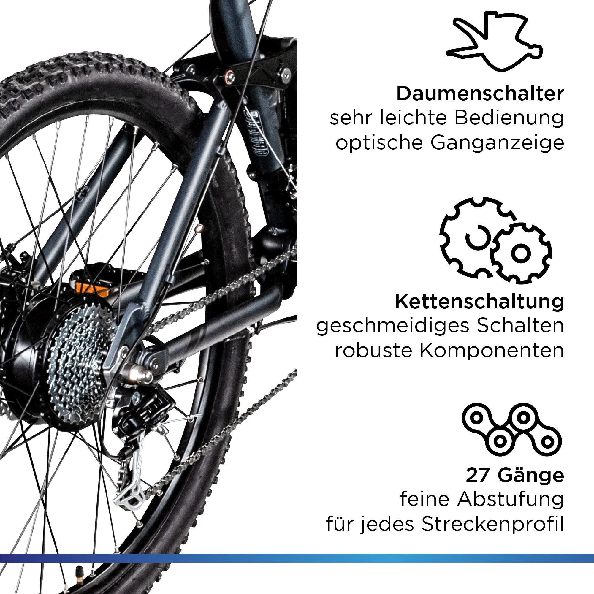 Zündapp E-Bike Mountainbike XFS, 27 Gang Shimano Tourney TX Schaltwerk, Kettenschaltung, Heckmotor, 504 Wh, Pedelec, Elektrofahrrad für Damen u. Herren, MTB