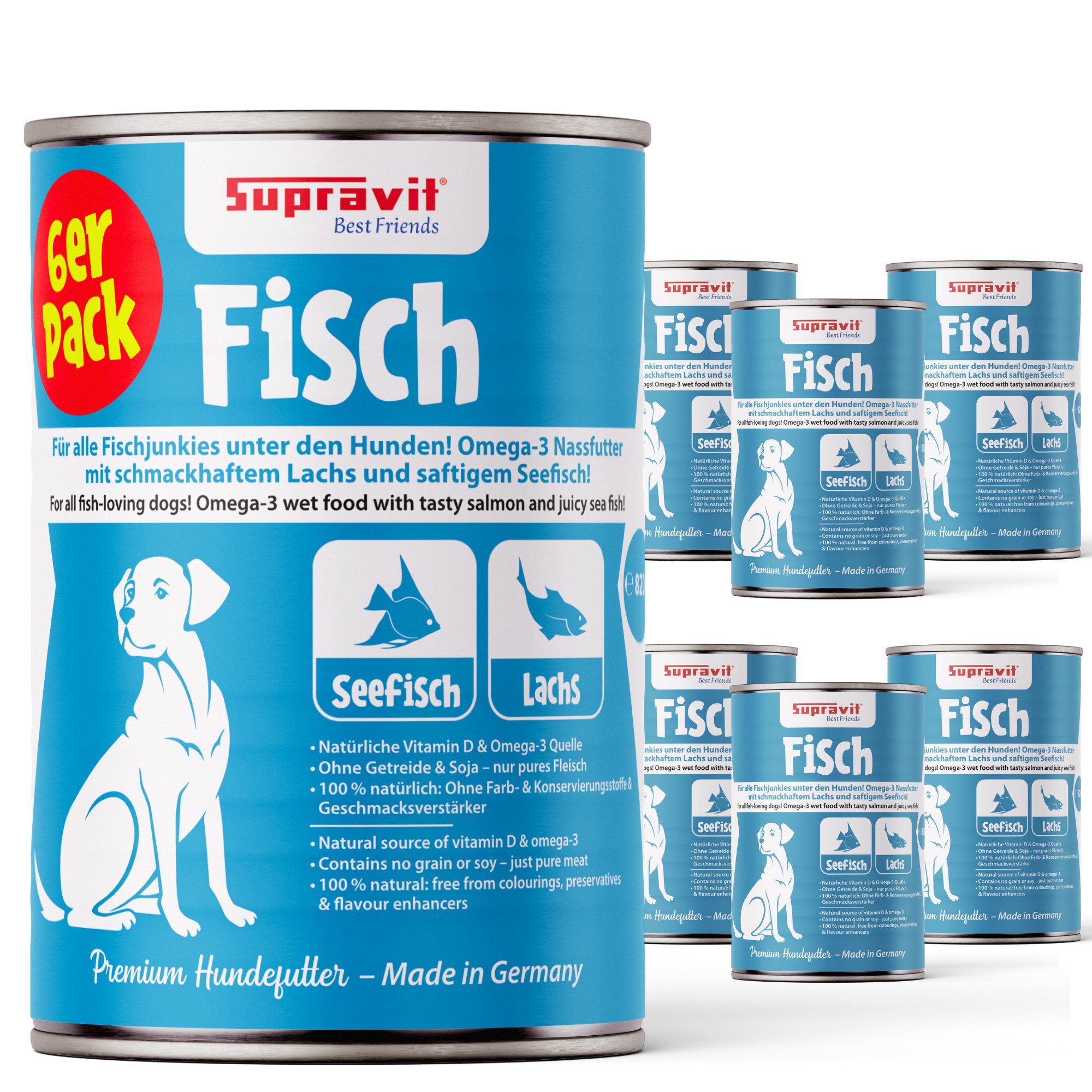 Supravit Nassfutter für Hunde 6 x 820g Dosen - Schmackhaftes Hundefutter nass Fisch, für: Hund
