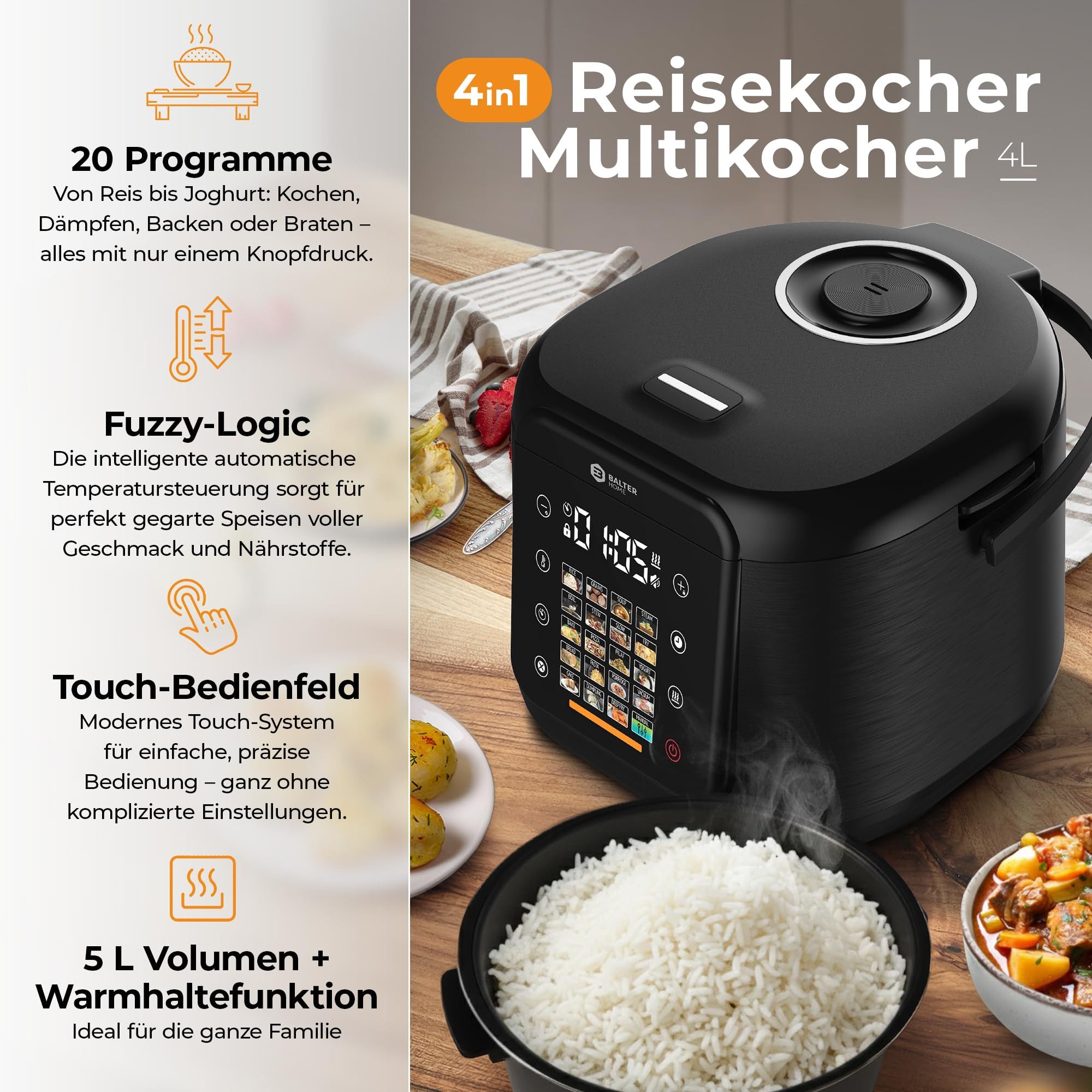 Balter Reiskocher Balter Multikocher MK-02 Reiskocher mit 20 Programme, 930 W, Warmhaltefunktion, Timer, Rezeptbuch