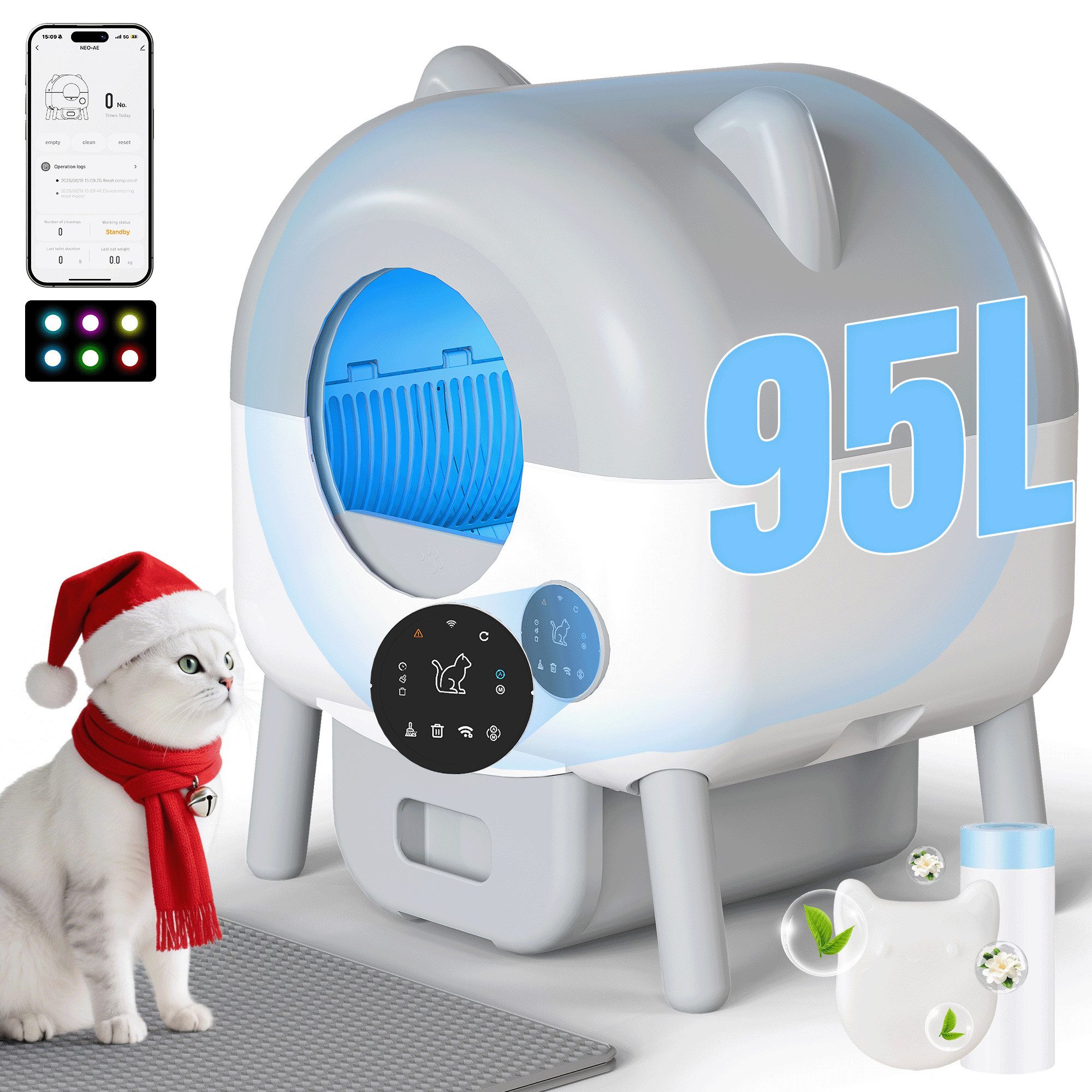HOMALL Katzentoilette 95L Katzenklo Selbstreinigend, Tastatursteuerung, Statusanzeige, App-Steuerung,95L+15L Große Kapazität, Bedienpanel