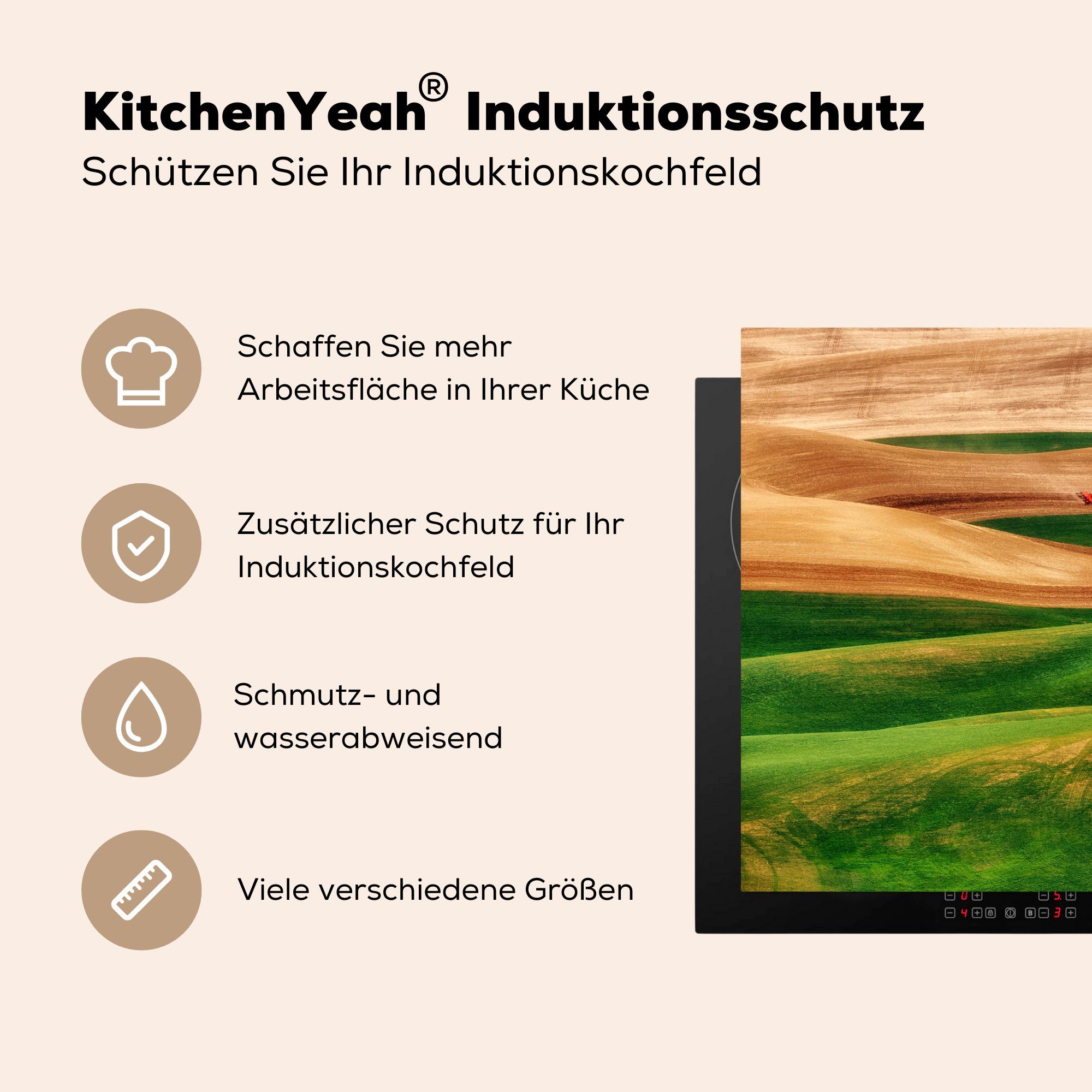 Vinyl, küche, Schutz cm, tlg), (1 die - - Traktor für Hügel, MuchoWow Gras 81x52 Herdblende-/Abdeckplatte Ceranfeldabdeckung Induktionskochfeld