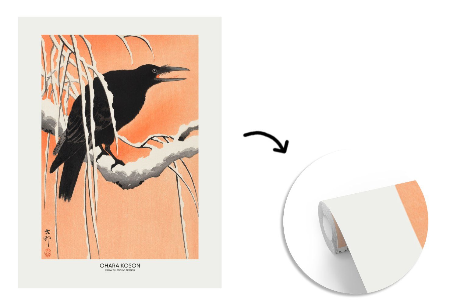 MuchoWow Fototapete Wohnzimmer, Tiere Vinyl (4 Wandtapete St), für Vogel Krähe bedruckt, Tapete Montagefertig Zweig, Vintage - - Matt, - 