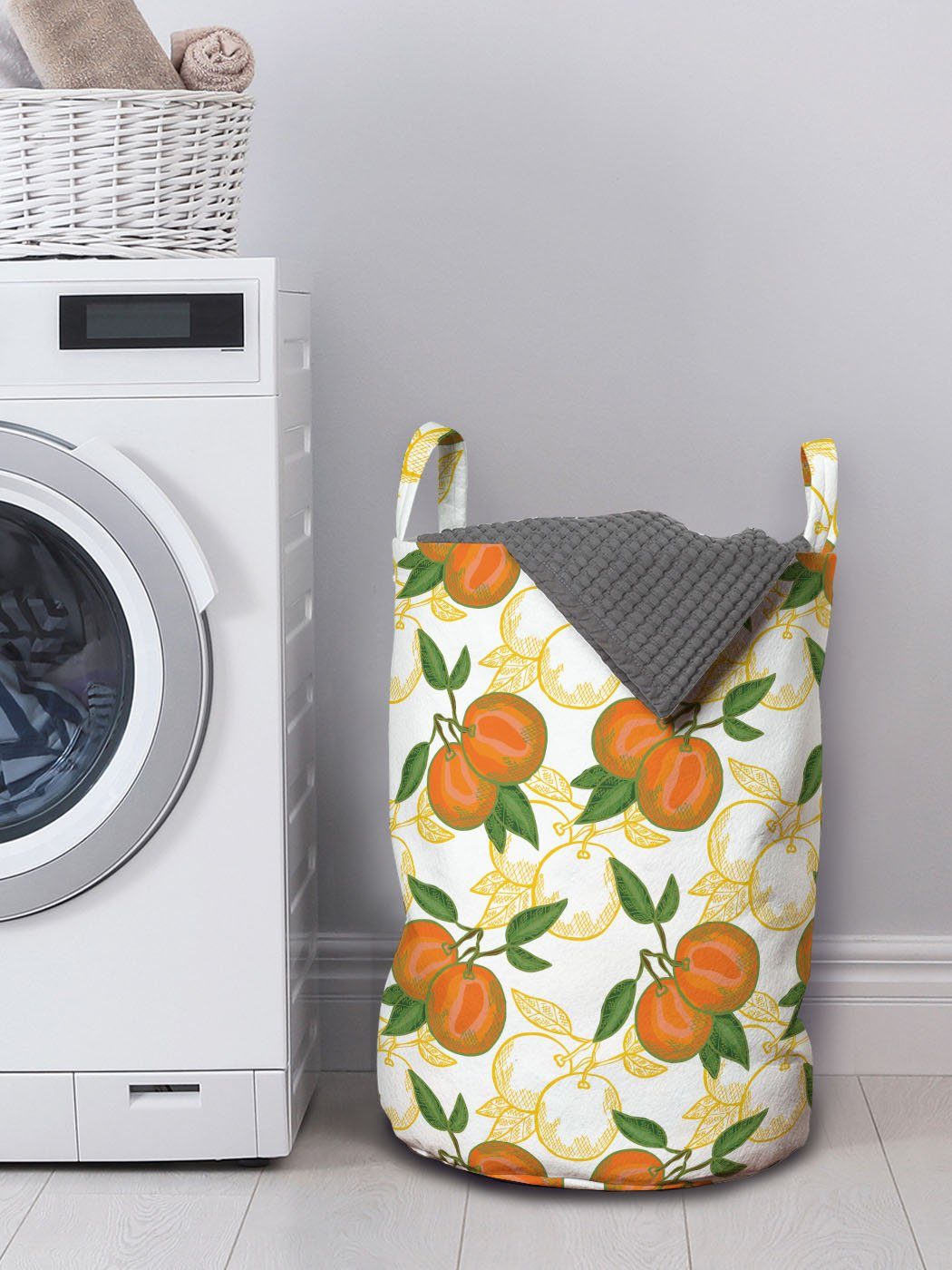 Abakuhaus Wäschesäckchen Wäschekorb mit Griffen Hand Von für Waschsalons, Obst Kordelzugverschluss Orangen-Muster gezeichnete