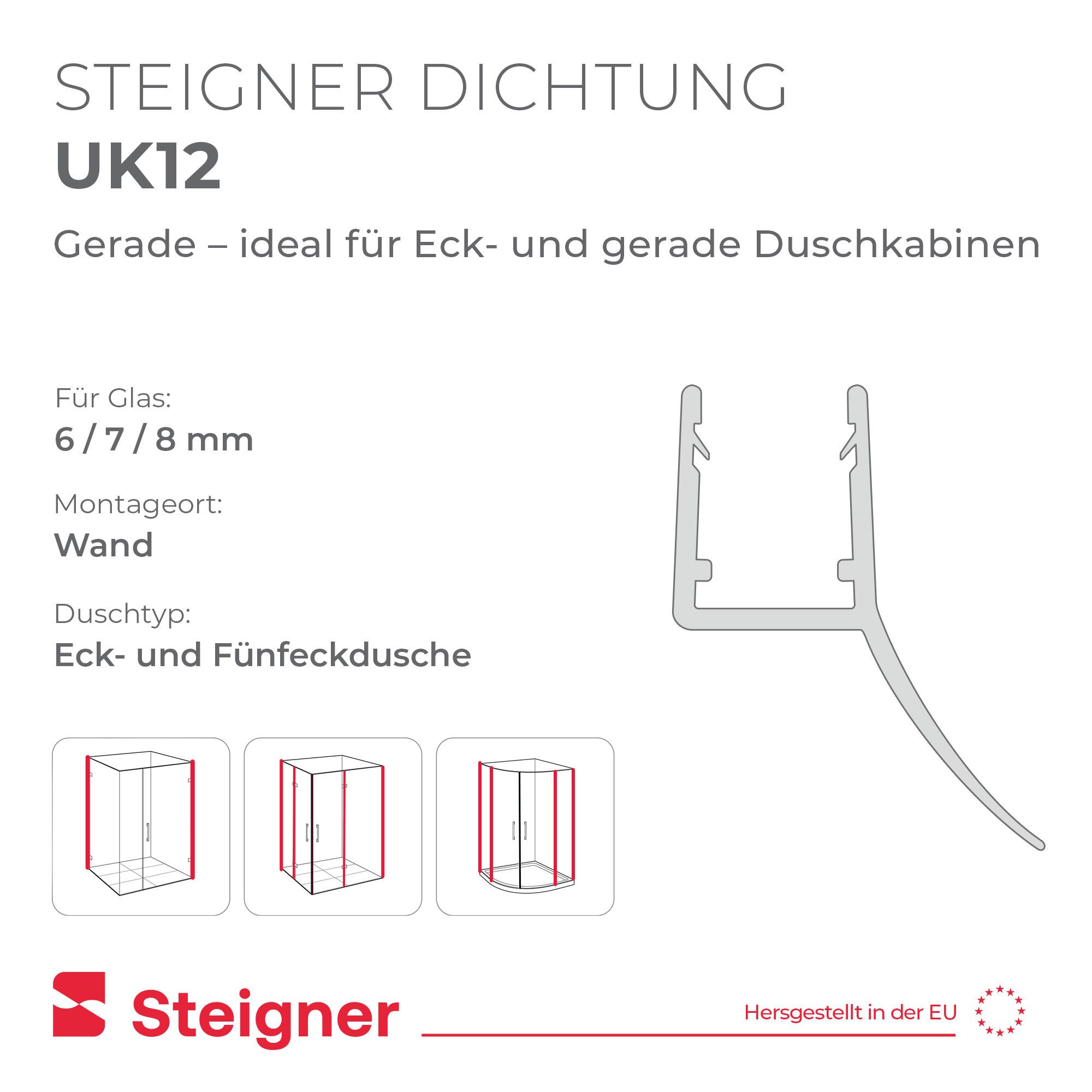 STEIGNER Duschdichtung Duschtürdichtung Gerade UK12 30 cm (1 Stk) Transparent 6-8 mm, L: 30 cm, (1 Stück Packung, Einzeldichtung), Dichtungfür Eckeinstieg Dusch – Bild 2 von 5