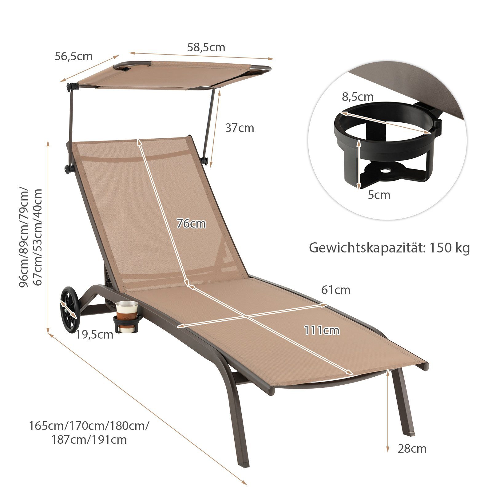 COSTWAY Gartenliege Sonnenliege, 6fach verstellbar, mit Rädern & Dach