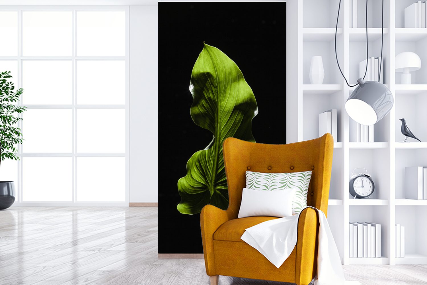 Schlafzimmer Küche, Matt, Wohnzimmer St), Blatt Ein für grünes auf Vliestapete Hintergrund, schwarzem bedruckt, Fototapete (2 MuchoWow Fototapete