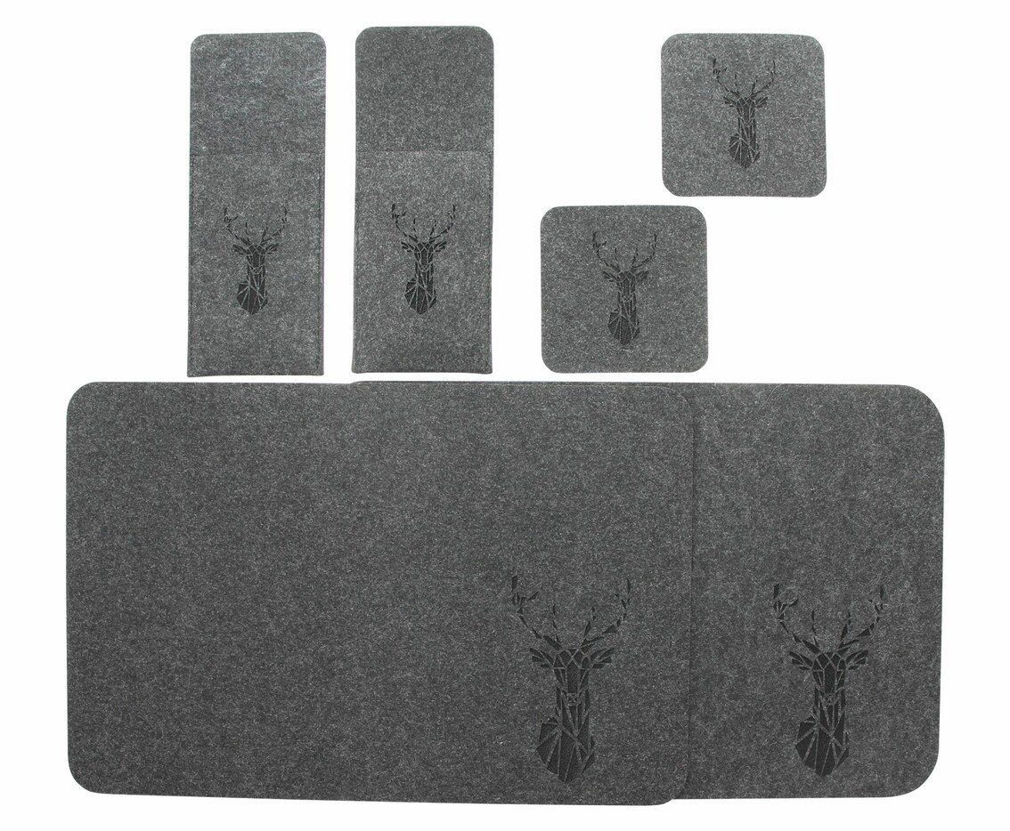 Home-trends24.de Platzset Hirsch Untersetzer Besteckhülle Set Filz schwarz Platzdeckchen Küche, (6-St)