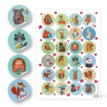 Logbuch-Verlag Countdown Kalender 24 Zahlenaufkleber 4 cm mit süßen Wintertieren, für DIY Adventskalender bunte Tiere