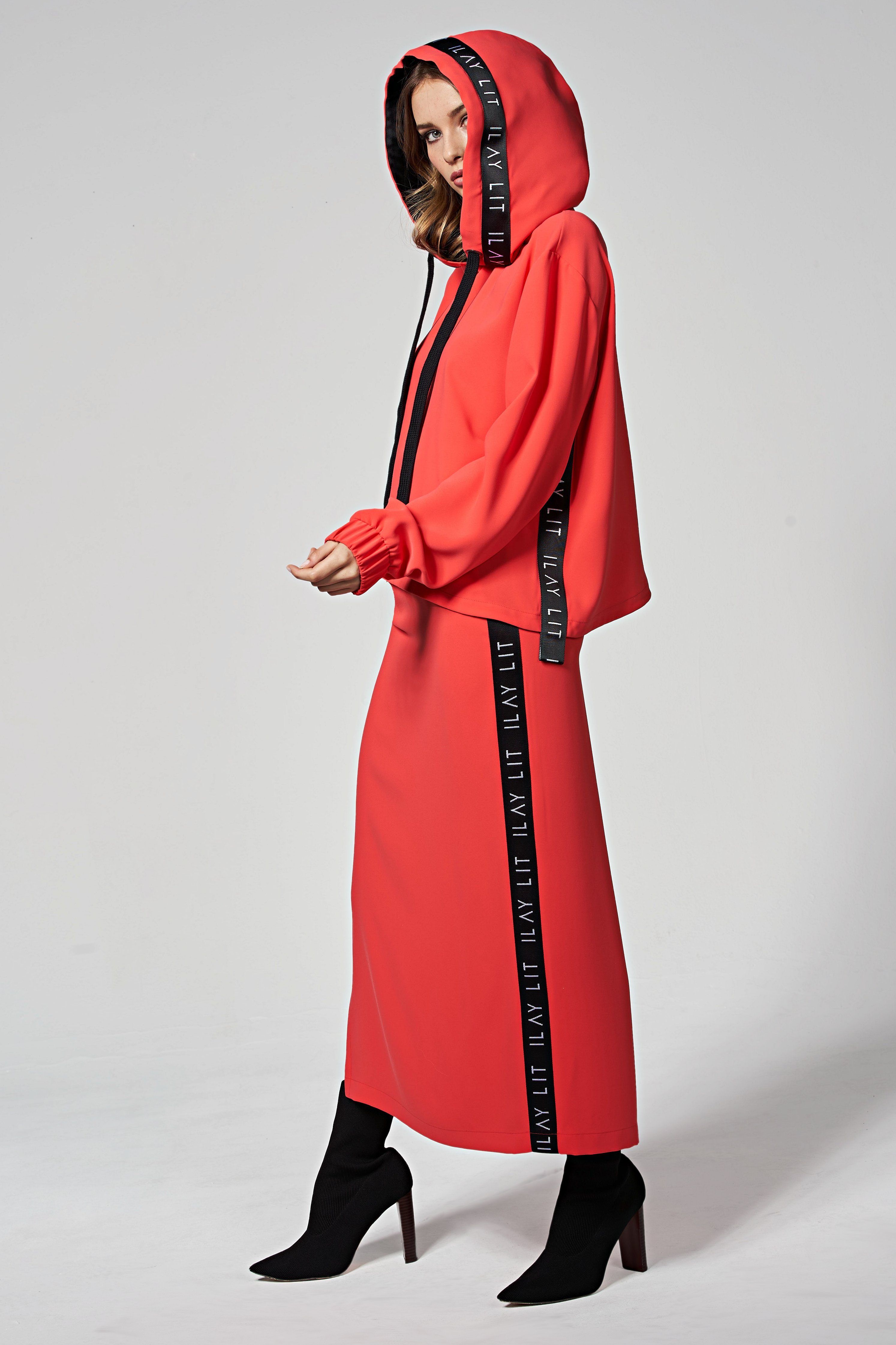 ILAY Lit Bleistiftrock Flow Maxirock mit Gummibund- Dawn- Coral Elastikbund, Seitlicher Schlitz