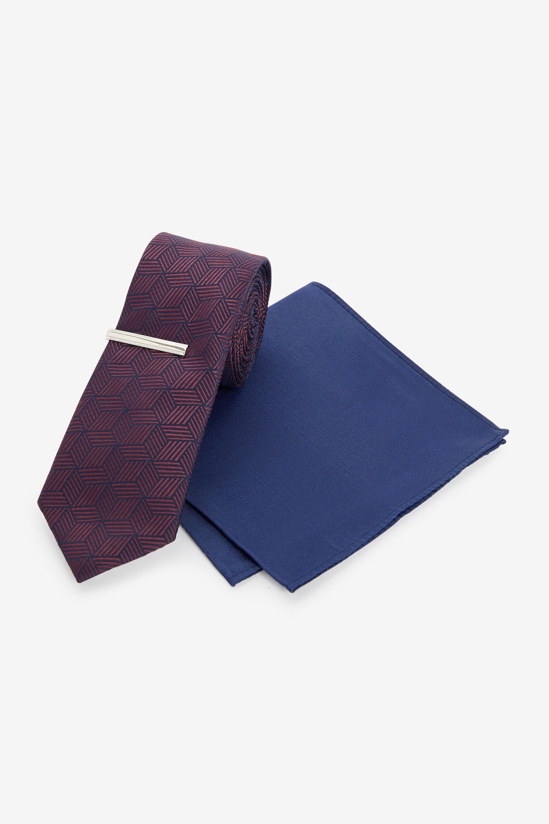 Next Krawatte Slim Krawatte, Einstecktuch und Krawattenklammer (3-St) Burgundy Red/Navy Blue Geometric