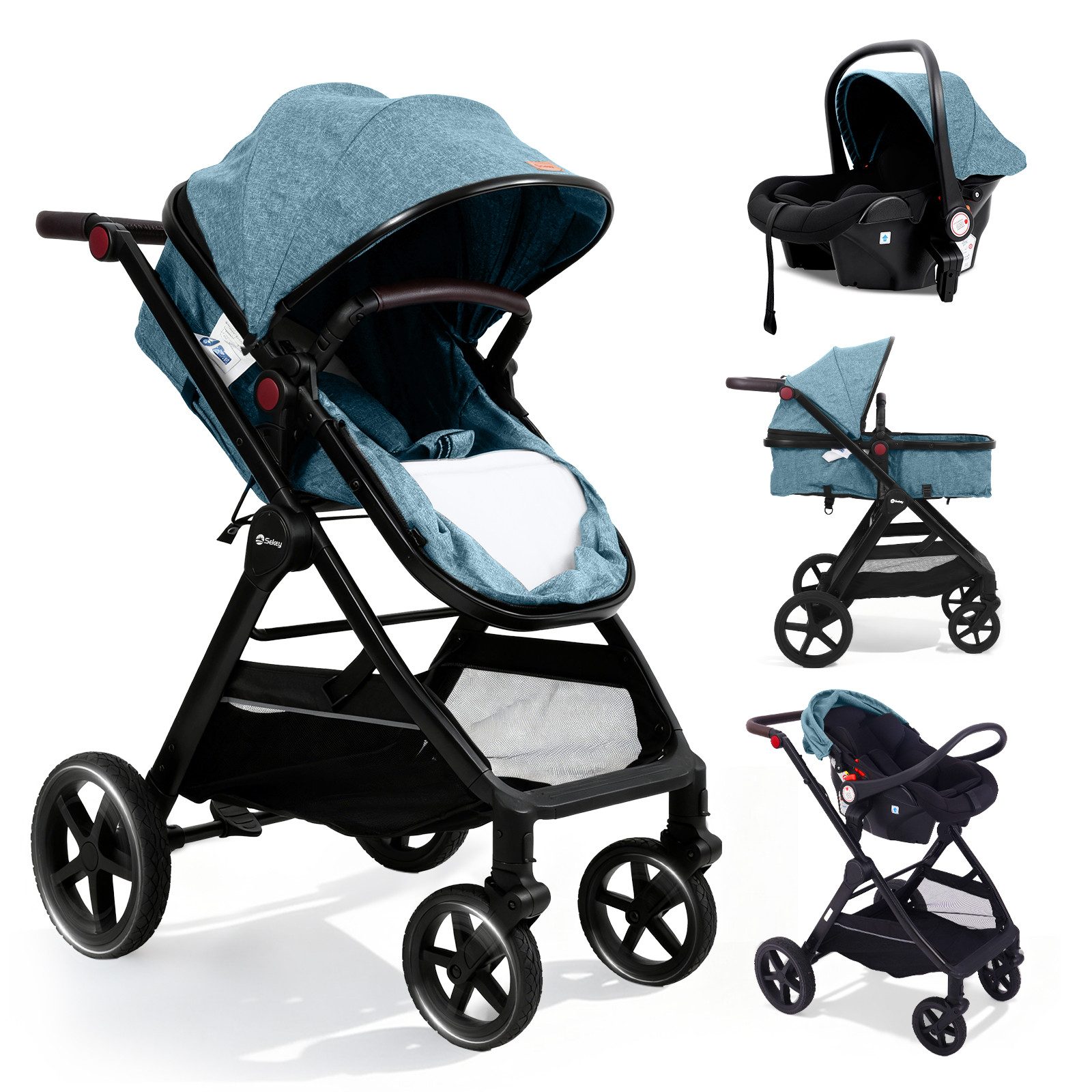 Sekey Kombi-Kinderwagen 3 in 1 Kinderwagen Buggy mit Liegefunktion Reisebuggy Auto Babyschale, All-Wetter Travel System 0–4 Jahre, mit Moskitonetz und Regenschutz