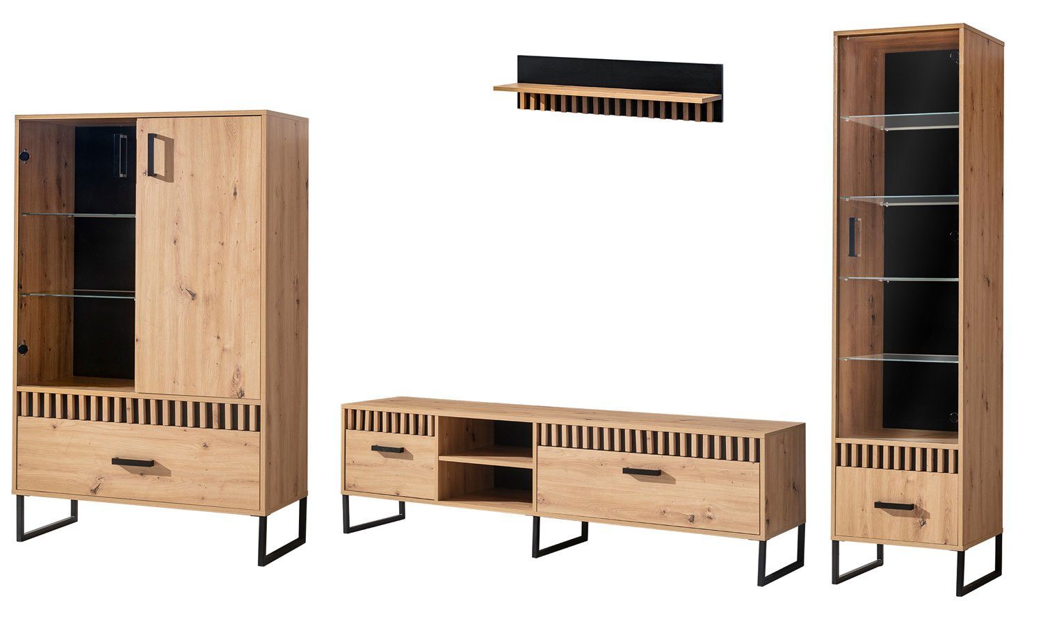 Feldmann-Wohnen Wohnwand Lamelix, (1 Vitrine (Glastür), 1 Highboard (Glas- & Holztür), 1 Lowboard, 1 Wandregal, 4-St., moderne Holzoptik, Metallgriffe, Metallfüße), 320x40x196cm Eiche Artisan 4-teilig