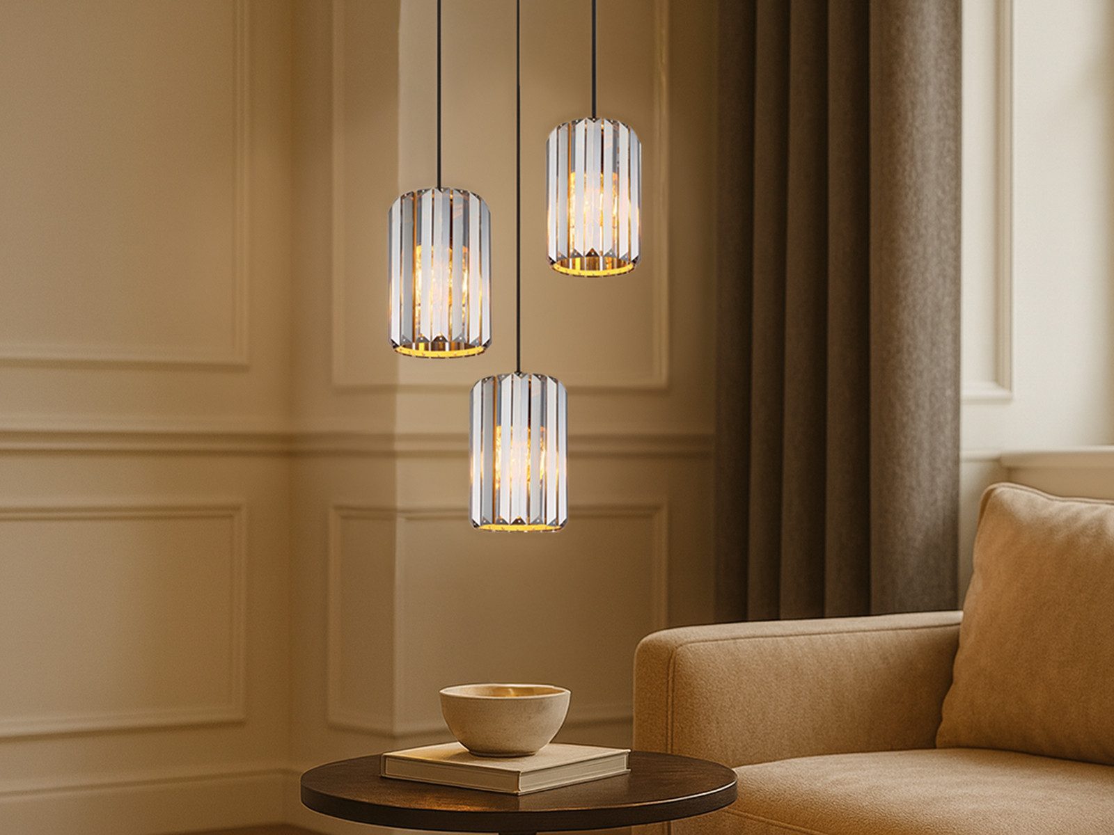 NOWA LED Pendelleuchte Schirme aus Rauchglas Kristall Ø 35cm, Dimmfunktion, LED wechselbar, Warmweiß, Hänge-Lampe dreiflammig über Esstisch hängend, inkl. Leuchtmittel