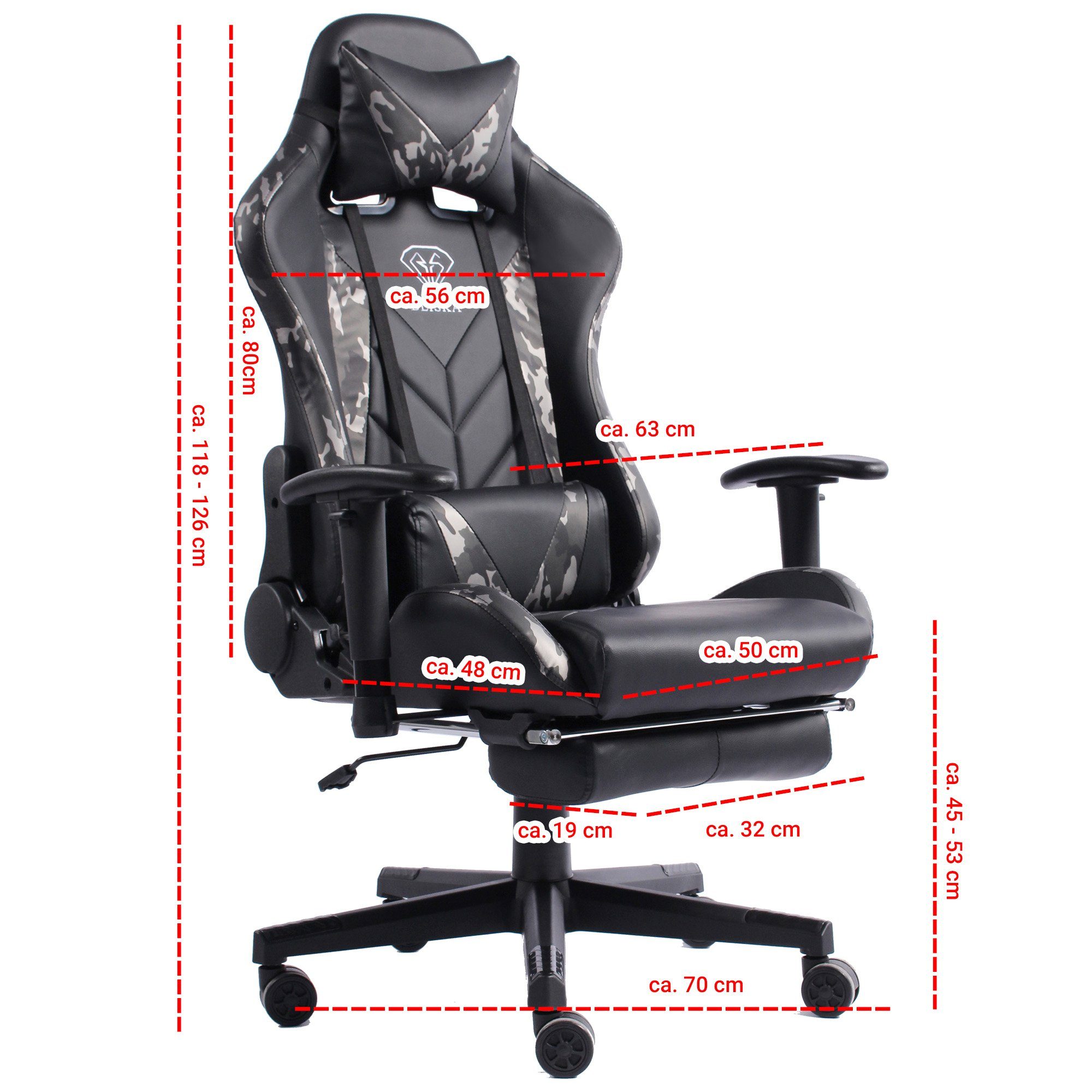 TRISENS Chefsessel Leo (1 -Grau Lederoptik Fußstütze Stück), gaming in Stuhl und chair Gaming Schwarz/Military mit 4D-Armlehnen