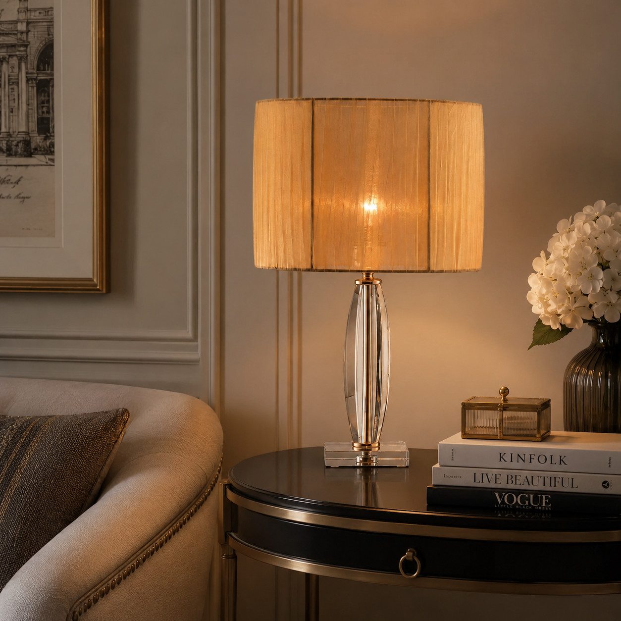 JVmoebel Nachttischlampe Elegante Kristall Tischlampe Beige Gold Luxus Design Modern Sofort, E27, Warmweiß, Elegantes Design