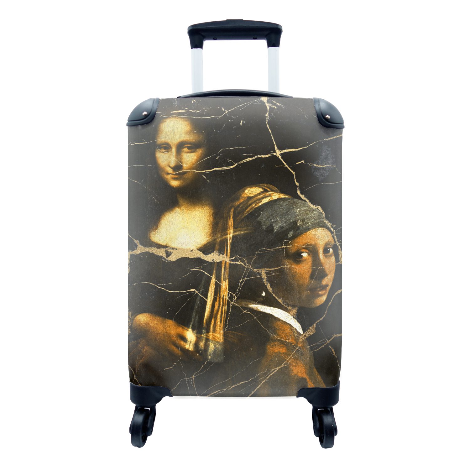 MuchoWow Handgepäckkoffer Mädchen mit einem Perlenohrring - Mona Lisa - Gold, 4 Rollen, Reisetasche mit rollen, Handgepäck für Ferien, Trolley, Reisekoffer