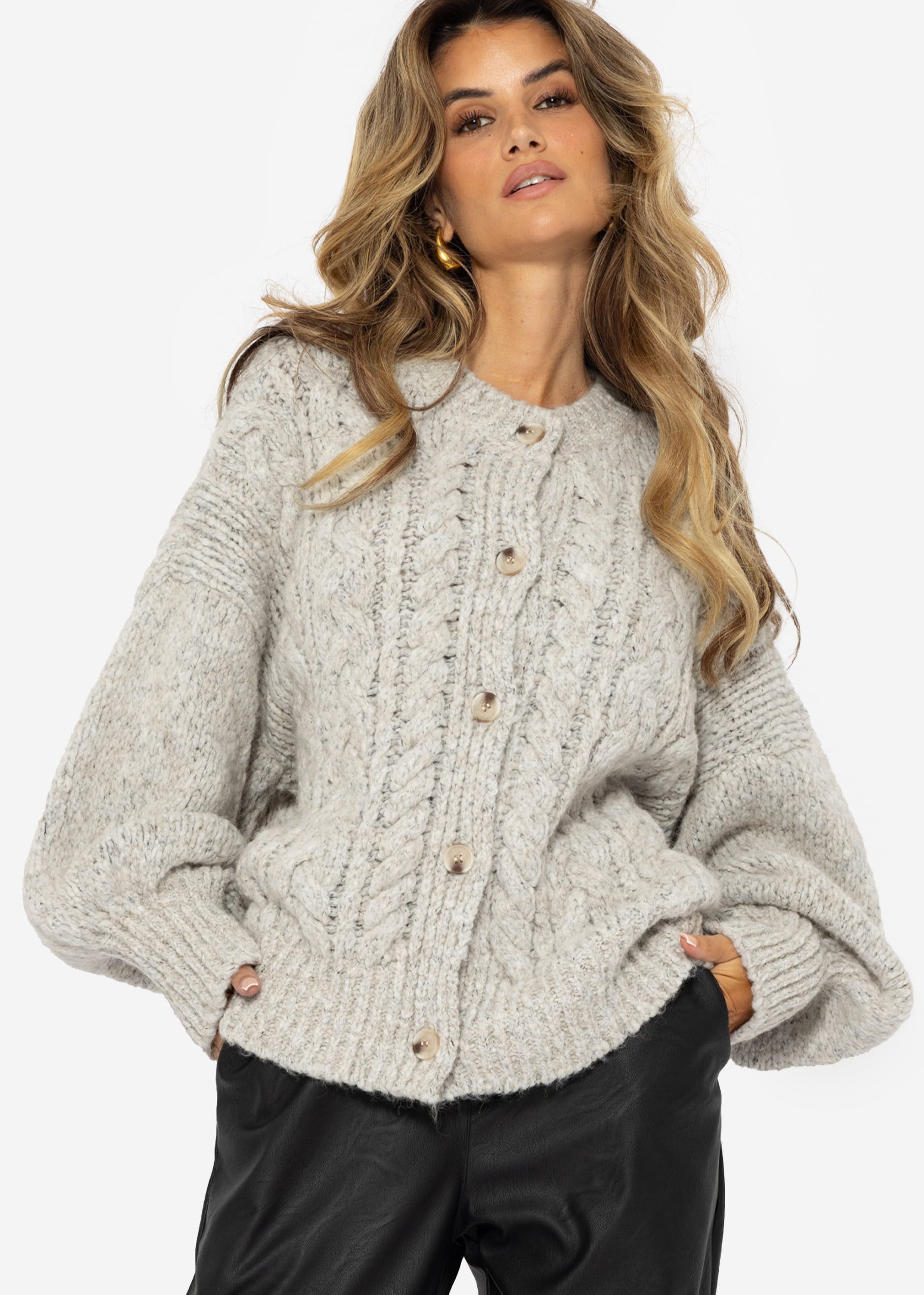 Cardigan Oversize Strickjacke Damen mit Zopfmuster Elegant