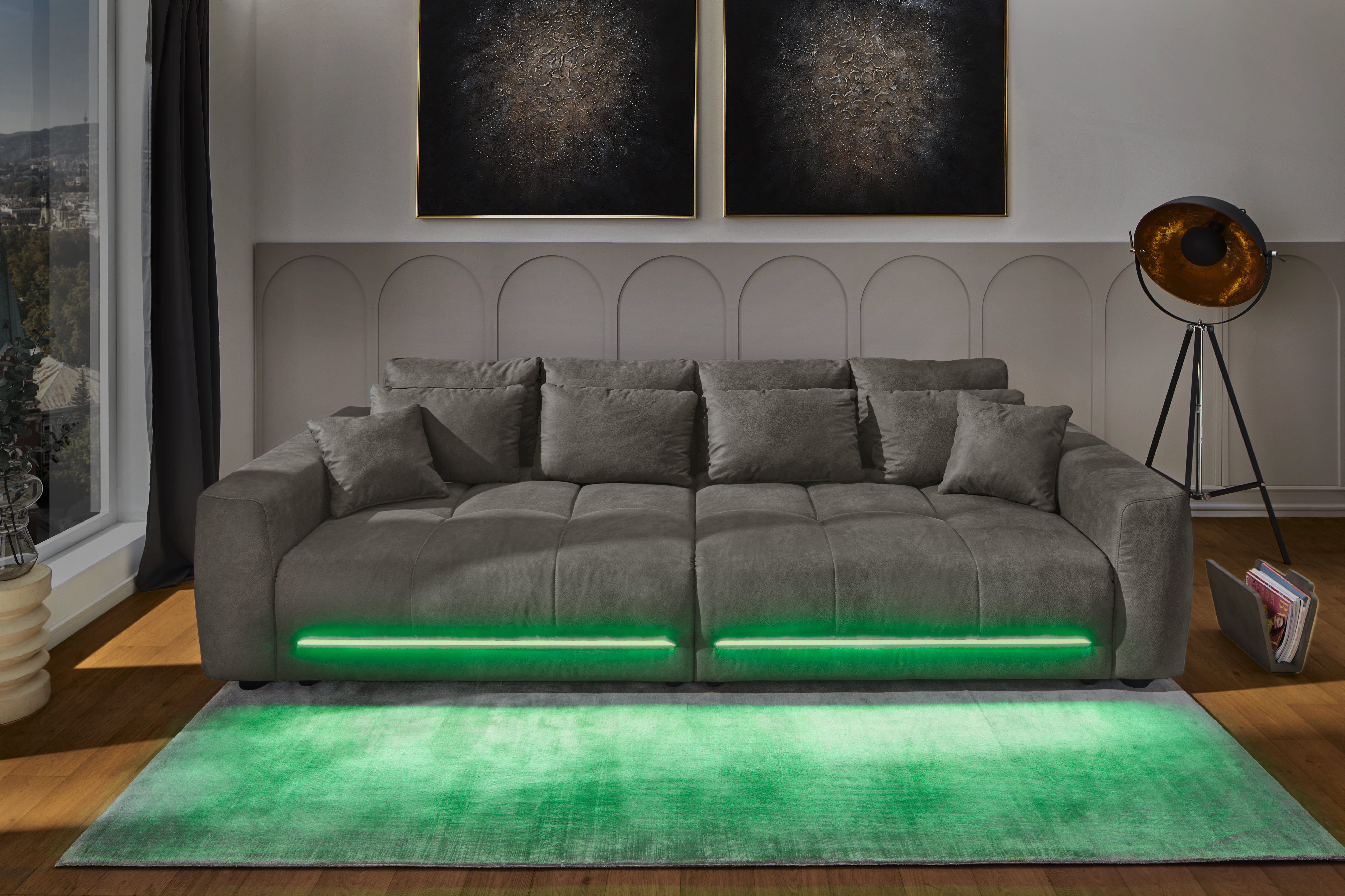 Jockenhöfer Gruppe Big-Sofa Lumina, XXL, B: 294 cm, mit LED-RGB-Beleuchtung, Liegefläche 120x240cm, Mega-Sofa, inklusive Federkernpolsterung und 10 Kissen
