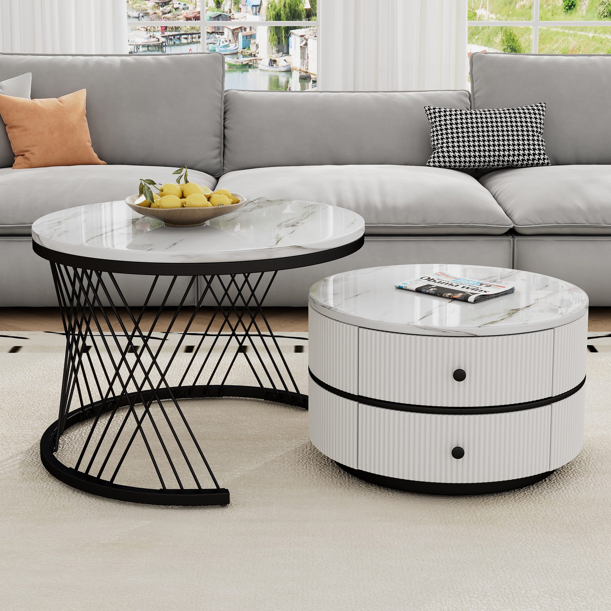 REDOM Couchtisch Verschachteltes Schubladendesign, MDF in Marmoroptik (Sofatisch, Wohnzimmertisch, 2-St., rund in Nestform), bis 30 kg belastbar