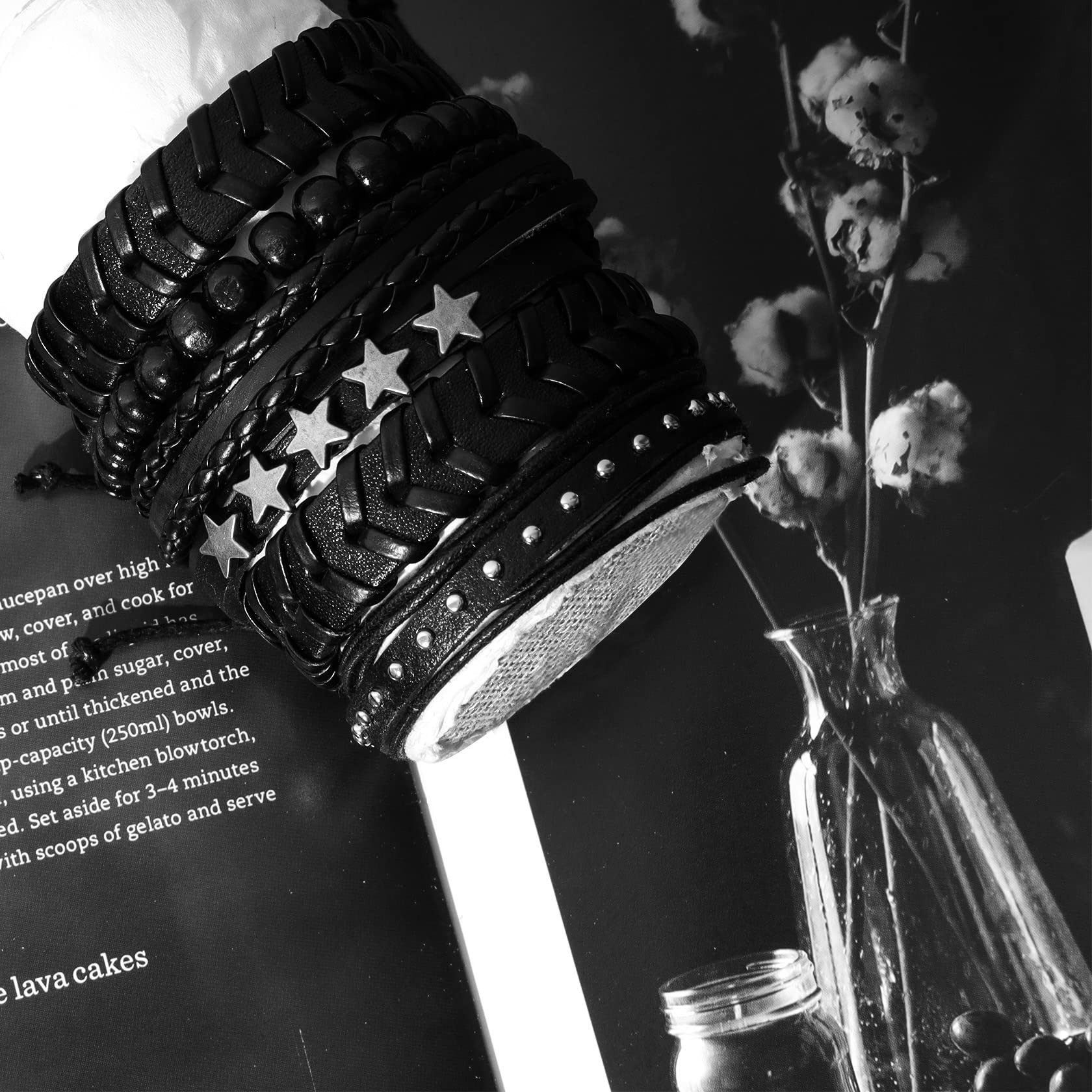 Coonoor Leather Bracelet Set 6-Piece Punk Bracelet Set for Men, Black Leather Bracelet, Gothic Braided Bangle