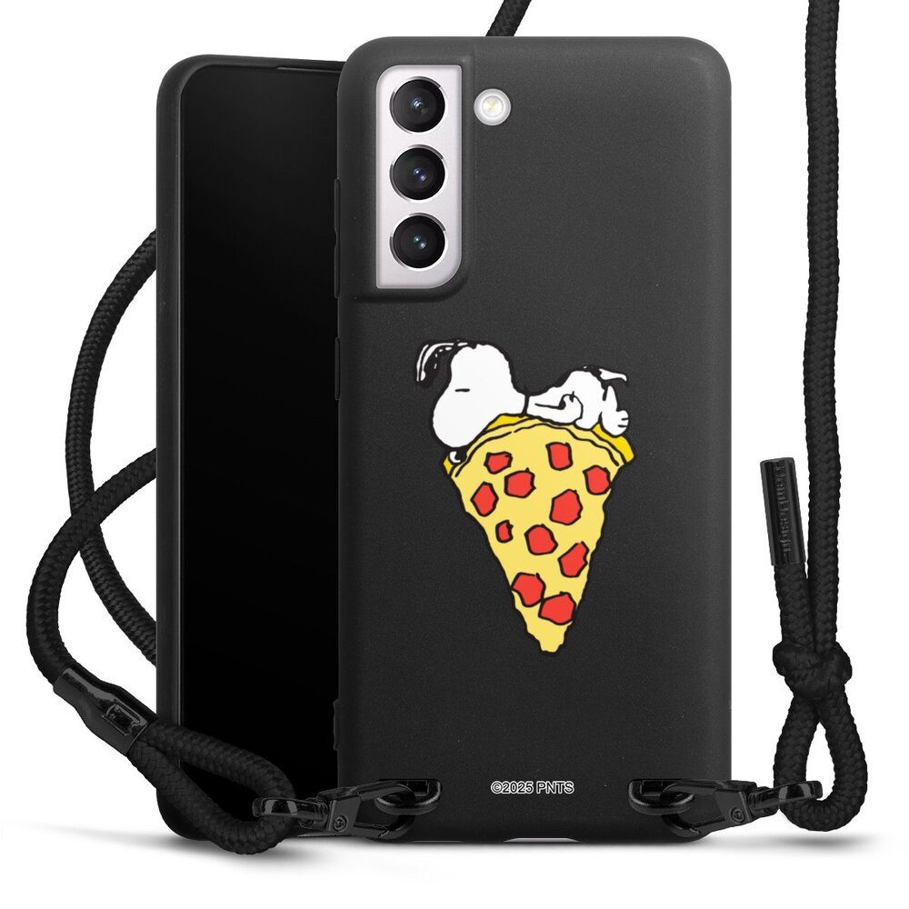 DeinDesign Handyhülle Peanuts Pizza Snoopy Snoopy Pizza Transparent, Samsung Galaxy S21 FE 5G Premium Handykette Hülle mit Band