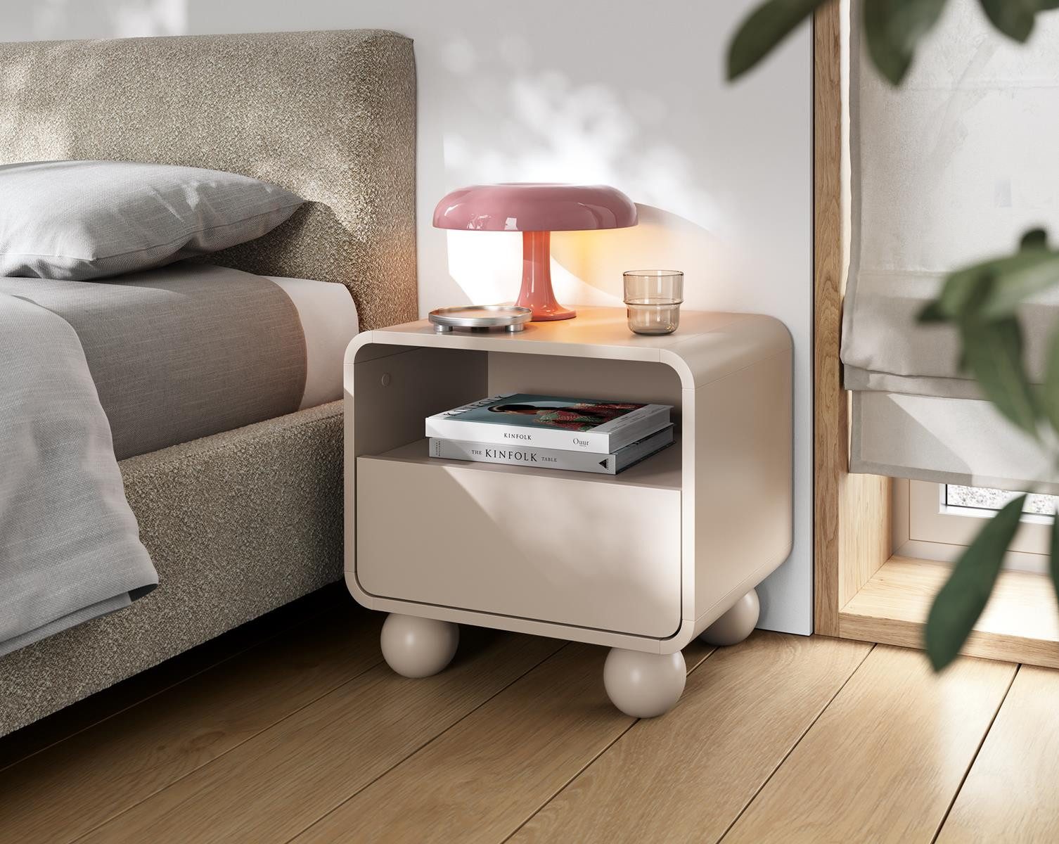 Nachttisch 55 cm, beige, Modern Design, Nachtschrank ALDOS