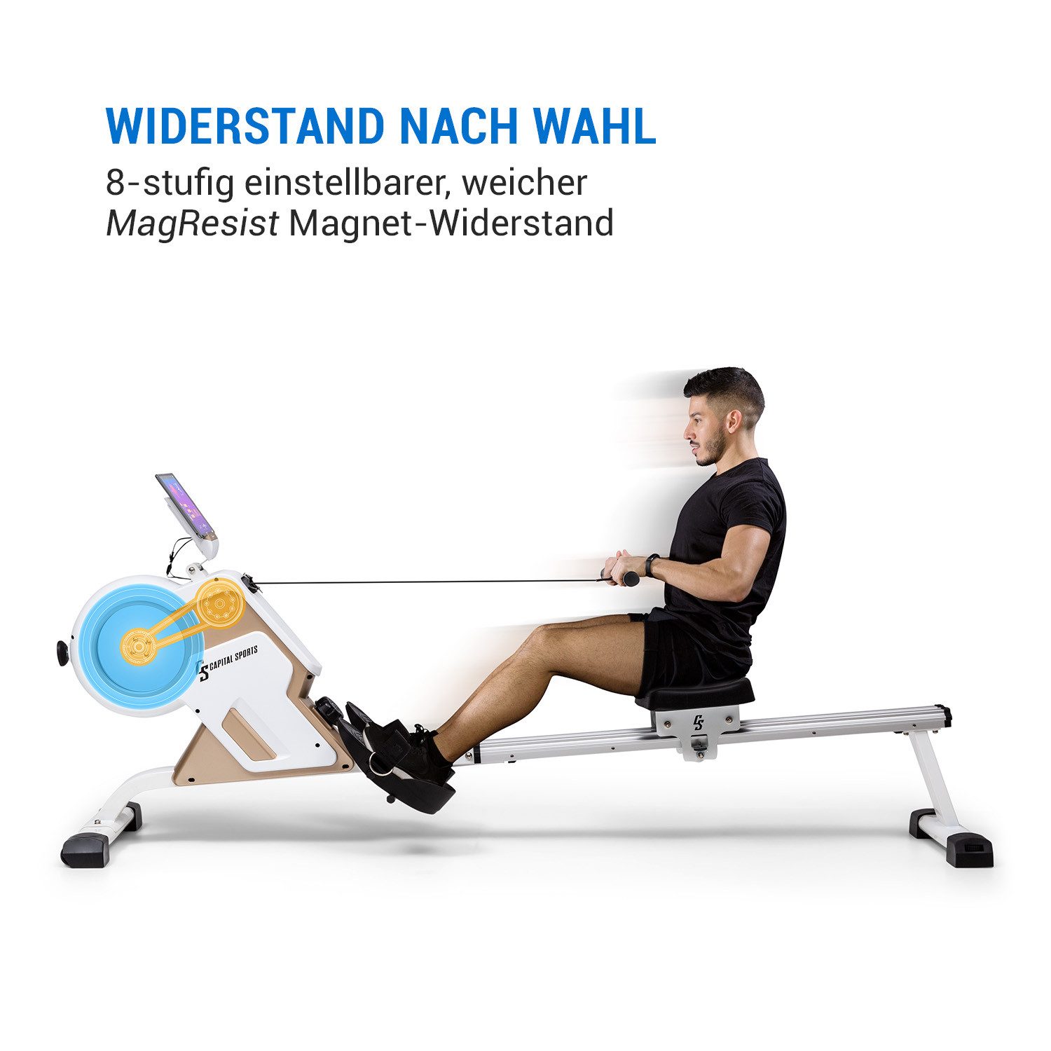 Capital Sports Rudermaschine Stream M1 (Tablet-Halterung ;Trainingscomputer mit LCD-Display), Rudergerät für Zuhause Sport Rowing Machine Fitnessgerät Sportgerät