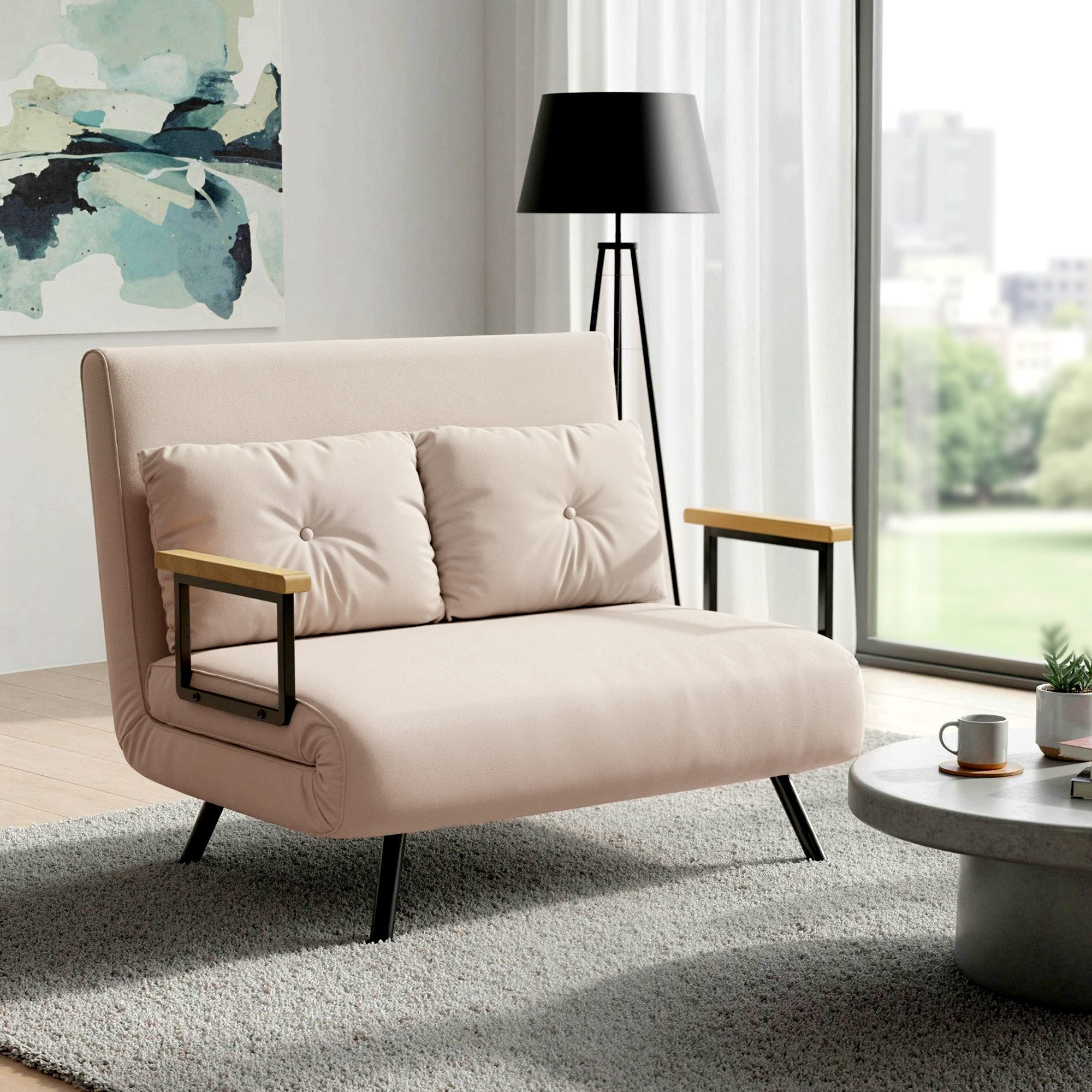 HOMCOM Schlafsofa 4 in 1 2 Sitzer Sofa Schlafcouch mit Samtoptik, Lendenkissen, Polstersofa 1 Teile, mit Verstellbarer Rückenlehne, Beige, 102 x 73 x 81 cm
