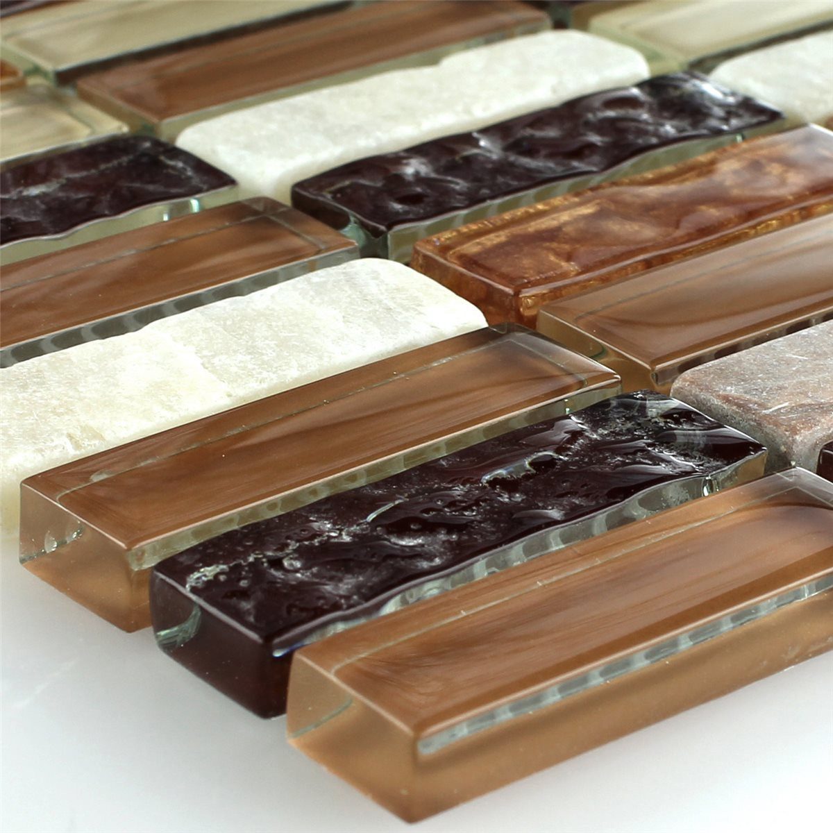 Mosafil Mosaikfliesen Mosaikfliesen Onyx Glas Stäbchen Braun Beige, Naturstein-Glas-Marmor-Onyx 32.200x31.000, weiß-beige-braun, Verlegefertig auf ein Netz geklebt - Wasserfest