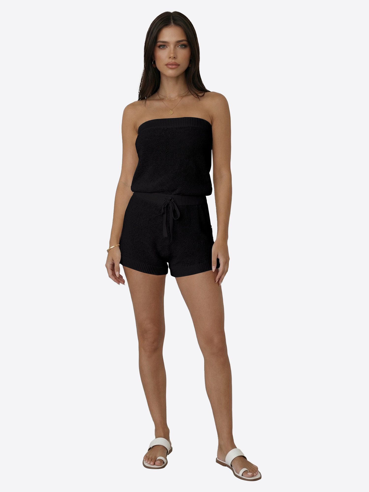 Imily Bela Hausanzug Damen Sommer Stricken Loose Schulterfrei Casual (Set, 2 tlg., 2er-Pack, Top+Shorts) gehäkelt in Unifarbe