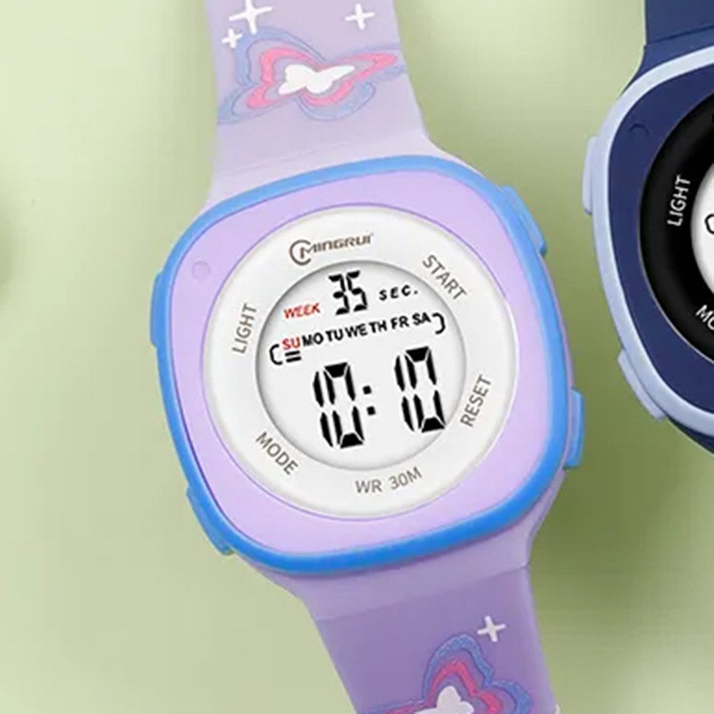 K&L Wall Art Digitaluhr Kinder Armbanduhr Schmetterling Flamingo Silikonuhr für Mädchen, Licht, Wecker, Wochentag, Stoppuhr, Silikonarmband, 3ATM