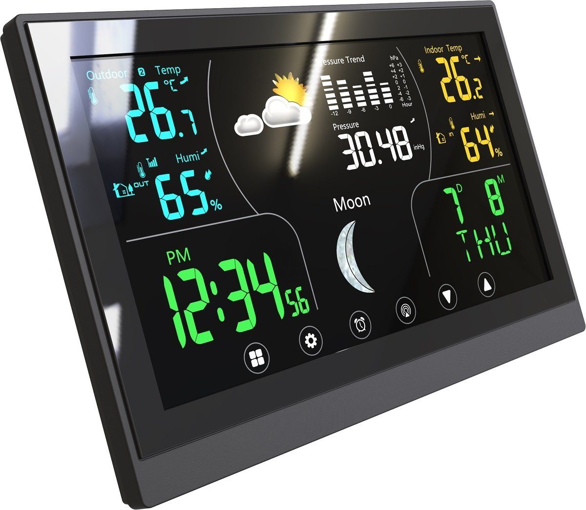 Steelboxx Wetterstation Thermometer Barometer Touchdisplay Wetterstation (Außensensor, Wetterstation Thermometer Barometer Touchdisplay Innen + Außen Messung - Alarmfunktion-Wecker-Hygrometer-Mondphasen-Uhrzeit - Multi Color Touch Display - Raumklimamessung (Temperatur und Luftfeuchtigkeit) - Wetterstation mit kompfortabler Kabellos-Übertragung (Wireless) zum Außensensor)