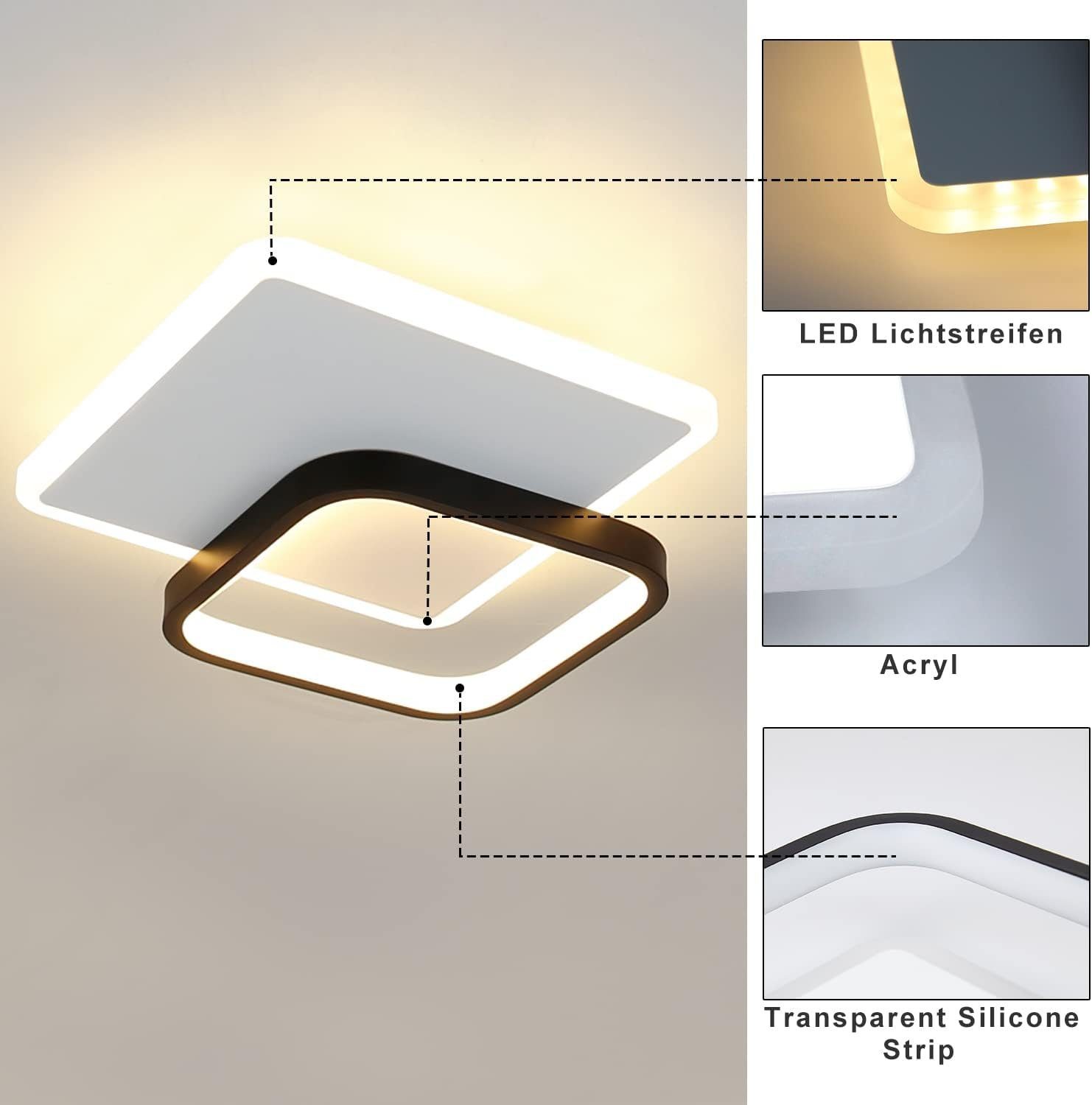 Acryl Schlafzimmer Wohnzimmer LED integriert, für fest Warmweiß, Deckenleuchte Deckenlampe LED Esszimmer Küche Nettlife 15W Deckenbeleuchtung, Flur, Schwarz Modern