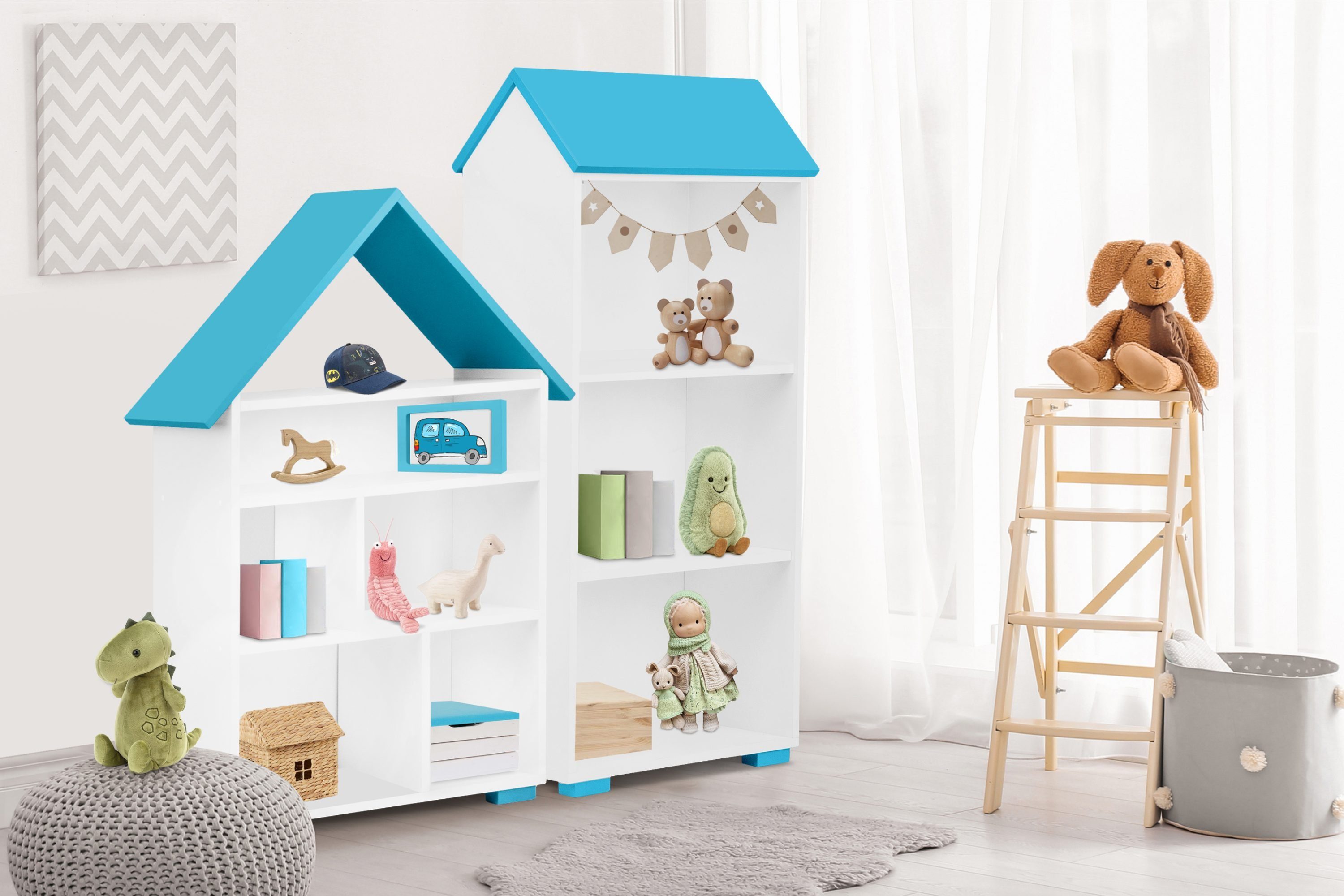 Konsimo Jugendzimmer-Set PABIS, Kinderzimmer, für Möbel (2tlg) Regal-Set Hausform weiß/blau