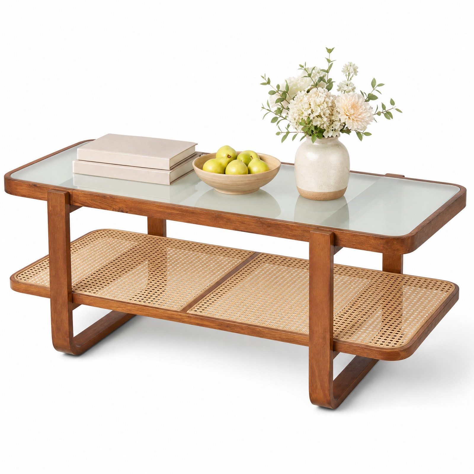 KOMFOTTEU Couchtisch Wohnzimmertisch Beistelltisch, mit Glasplatte & Rattan Ablage