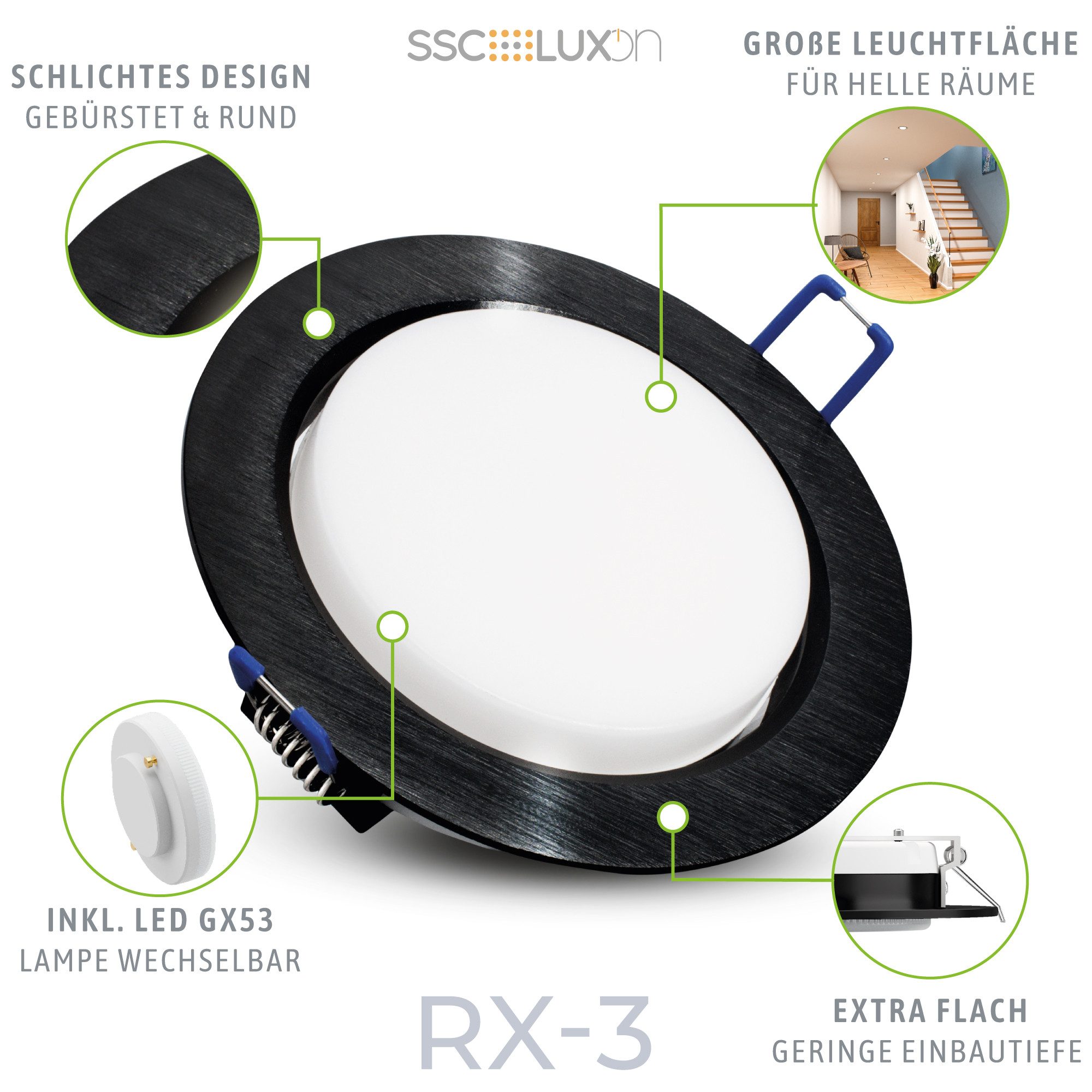 SSC-LUXon LED Einbaustrahler RX-3 Einbauleuchte GX53 LED 5W drei einstellbaren Lichtfarben 3CCT, Warmweiß