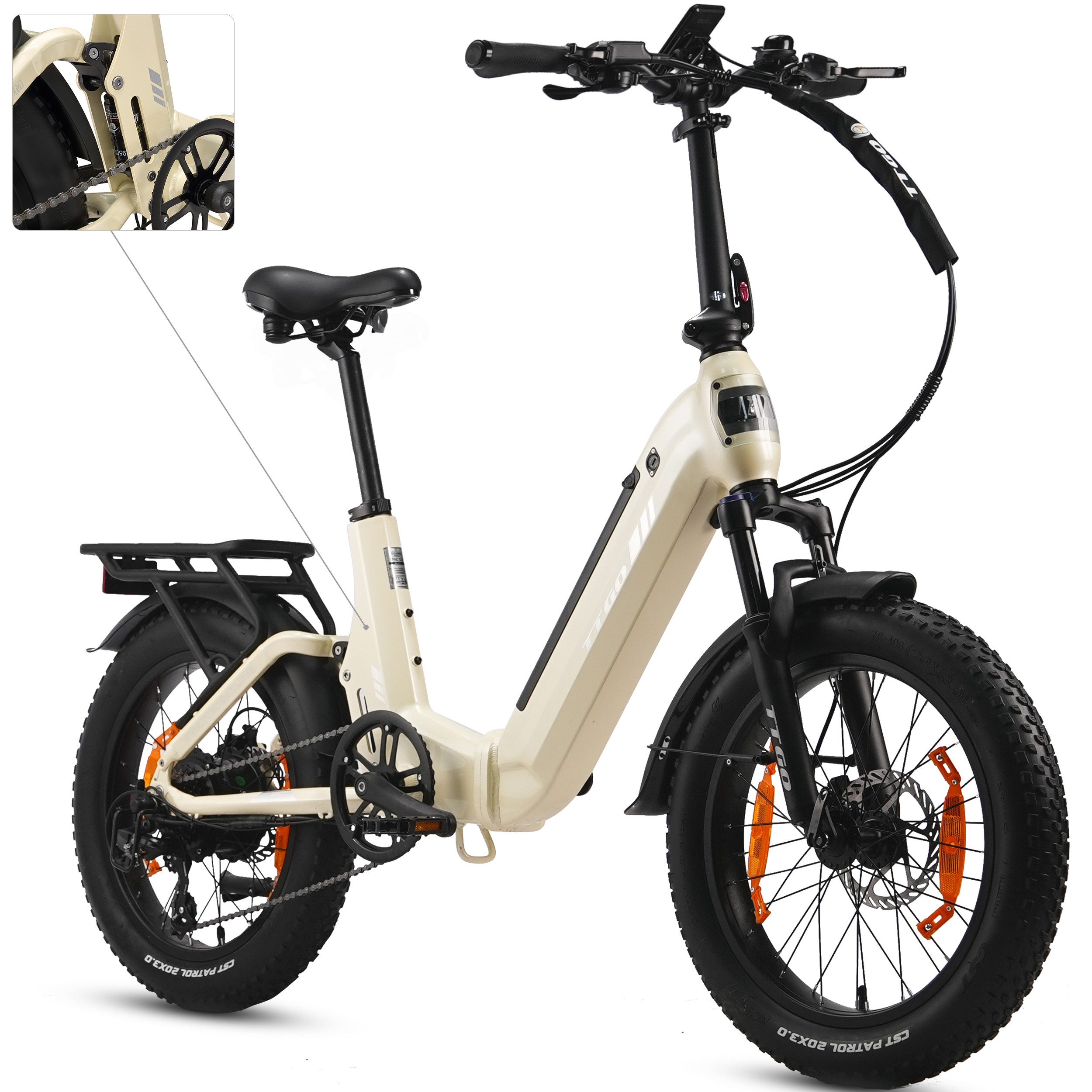 TTGO E-Bike Klapprad 20 Zoll, Fully, Vollfederung, 70Nm, 3,0'' Fatbike, Lockout-Federgabel, 7 Gang SHIMANO, Kettenschaltung, Heckmotor, 720 Wh, (Softtail, hydr. Scheibenbremse, mit Bremslicht), 120km, Drehmomentsensor, max.150kg, Elektrofahrrad für Damen Herren