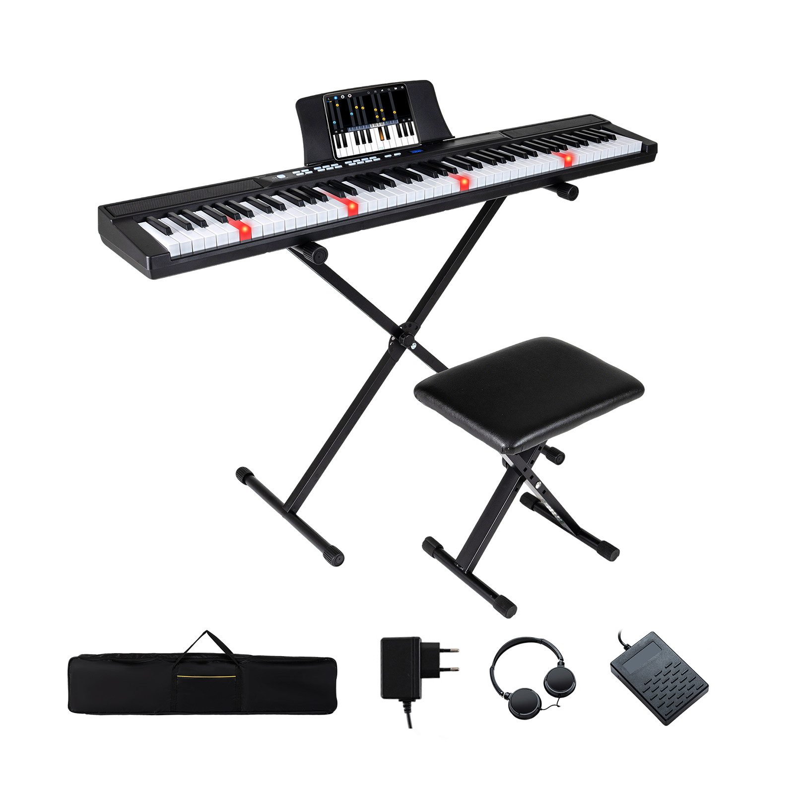 COSTWAY Home-Keyboard (1-St), 88-Tasten E-Piano, Digitalpiano mit Ständer & Hocker