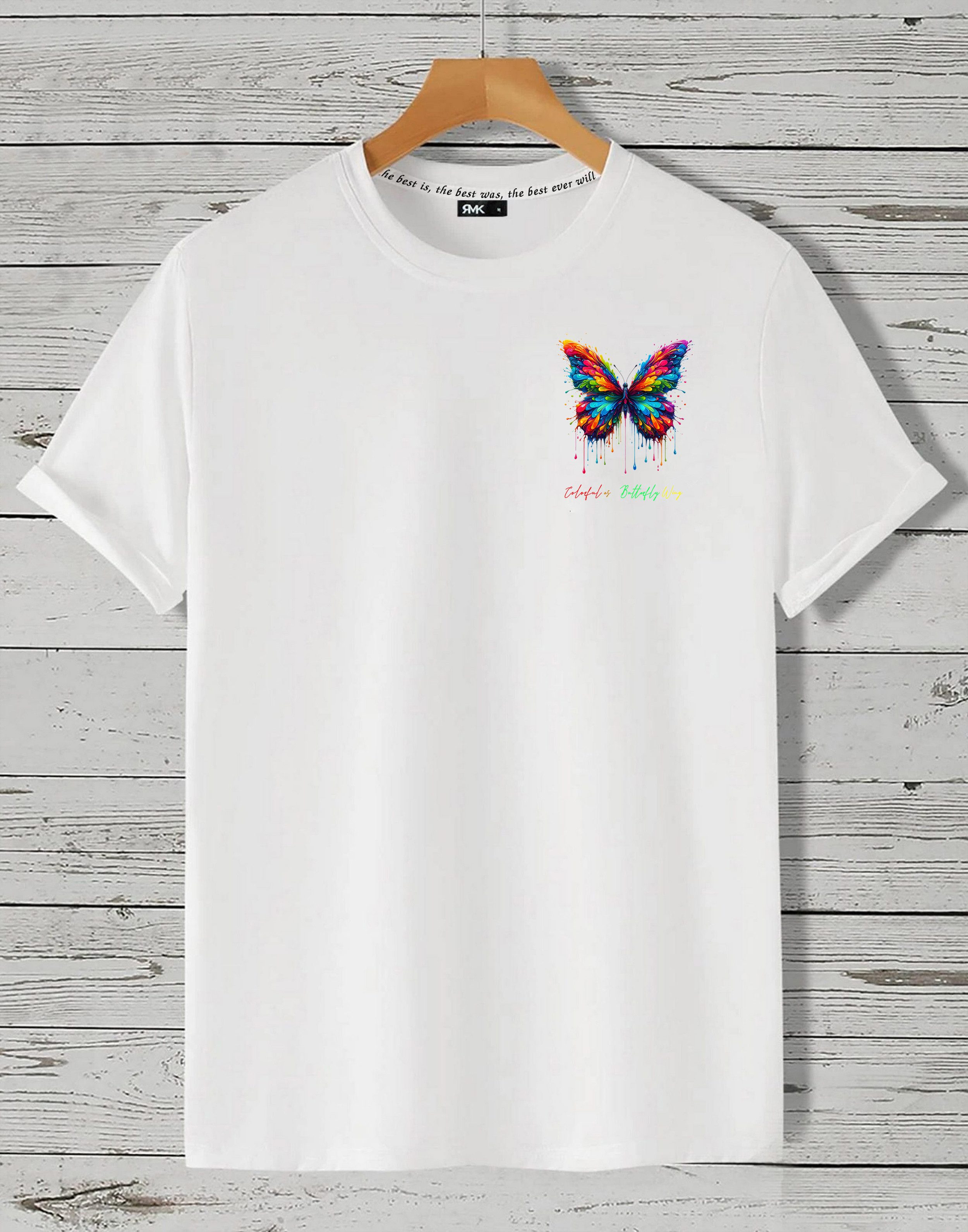 RMK T-Shirt Herren Shirt Basic Rundhals mit Butterfly Regenbogen Schmetterling